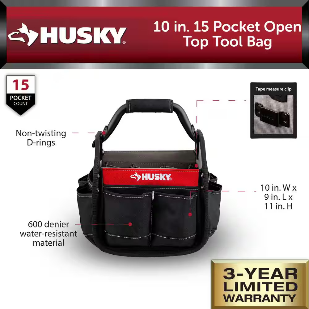 10 In. 15 Pocket Open Top Tool Bag