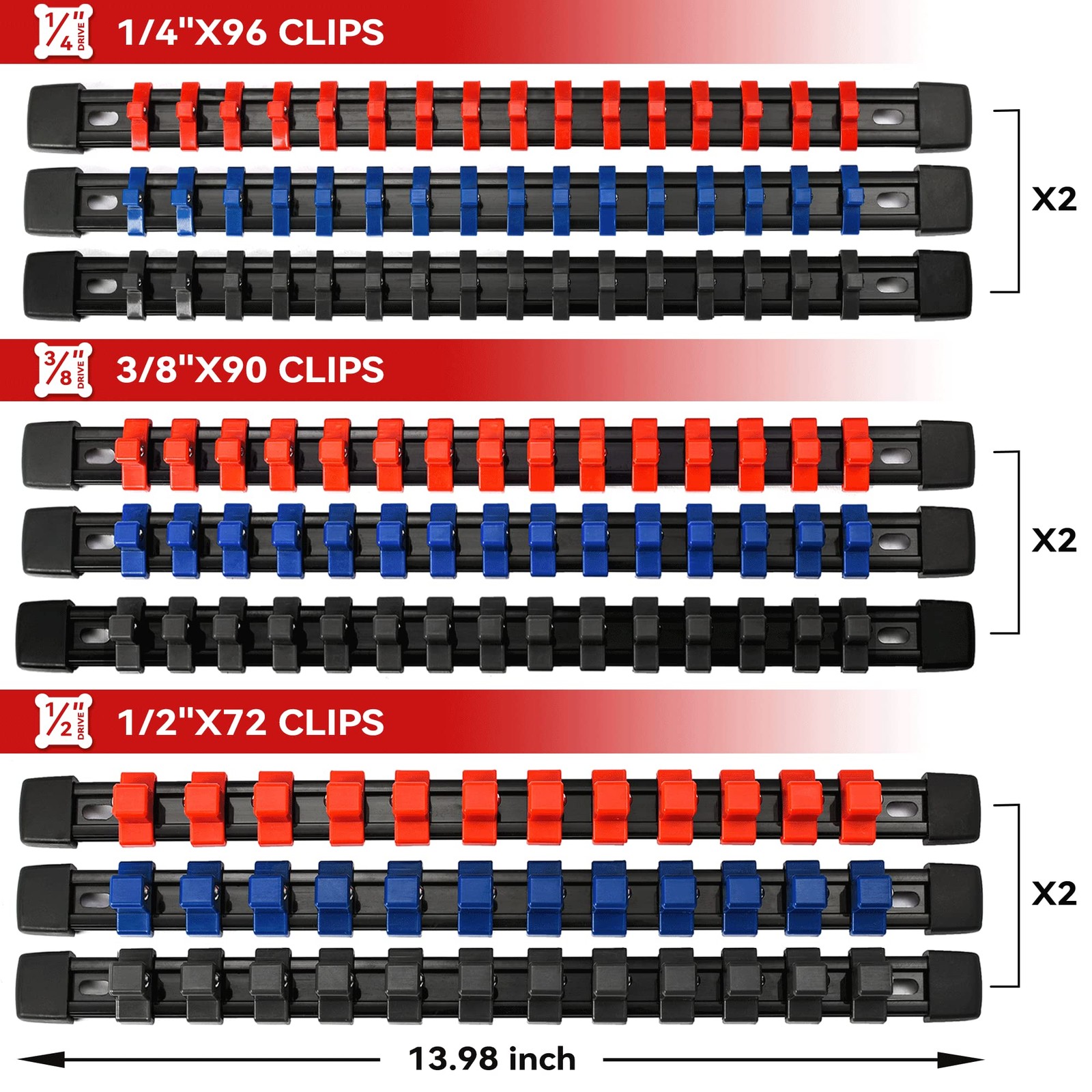 18 Piece Socket Holder Rails Holds 258 1/4 3/8 1/2 Drive ABS Plastic tool 3Color