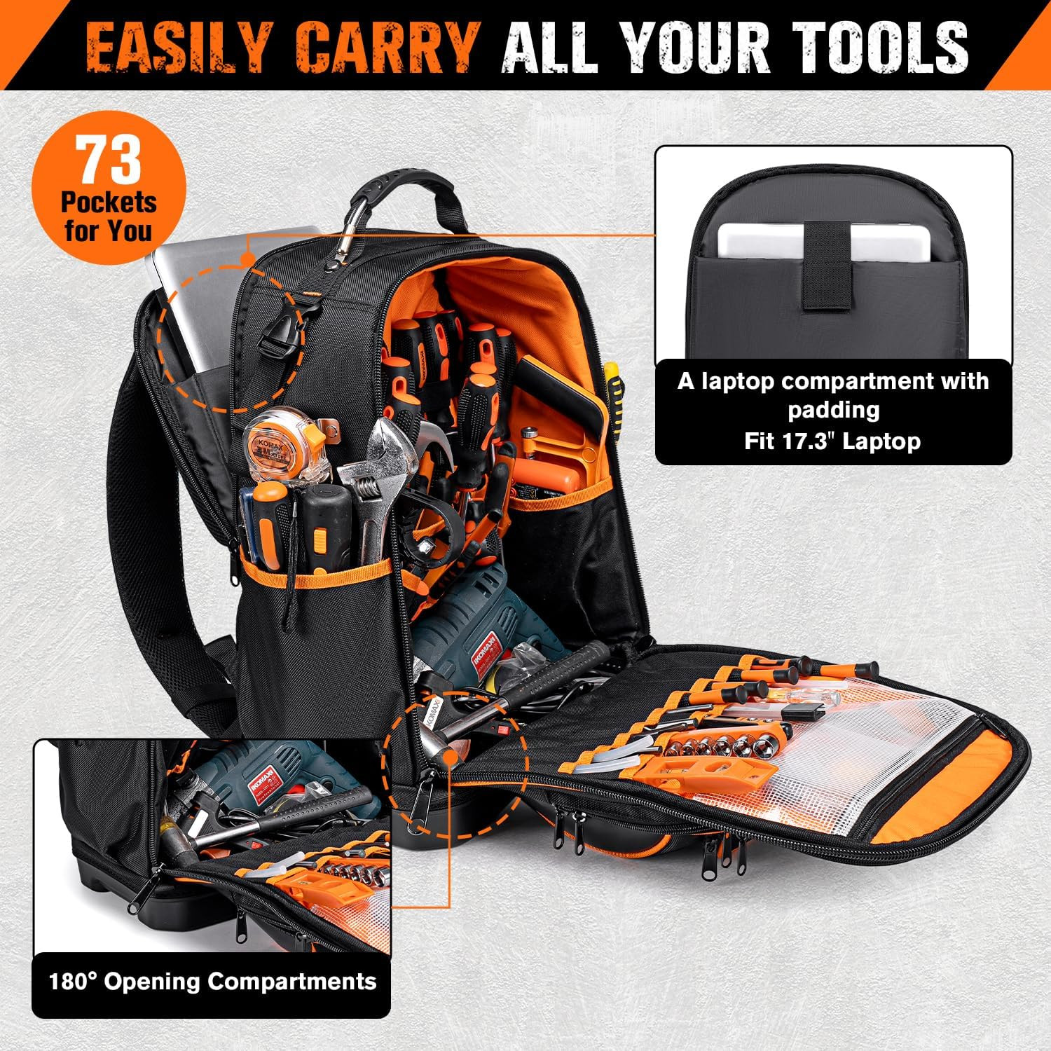 Heavy Duty 73 Pocket Tool Backpack with Laptop Compartment – Waterproof & Durabl