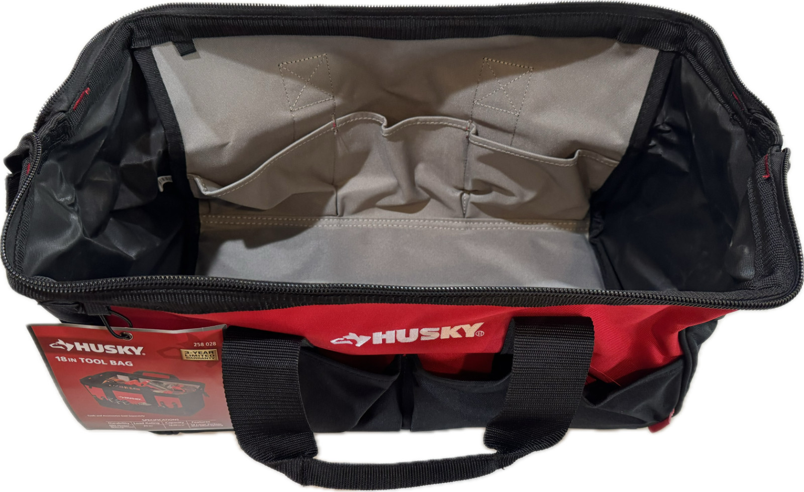 NEW Husky 18” Wide Mouth Zippered Water Resistant Tool Bag / 14 Pockets 258 028
