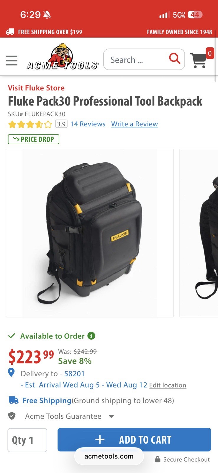 Fluke Pack30 Tool Backpack Large Black/Yellow Fabric With Handle