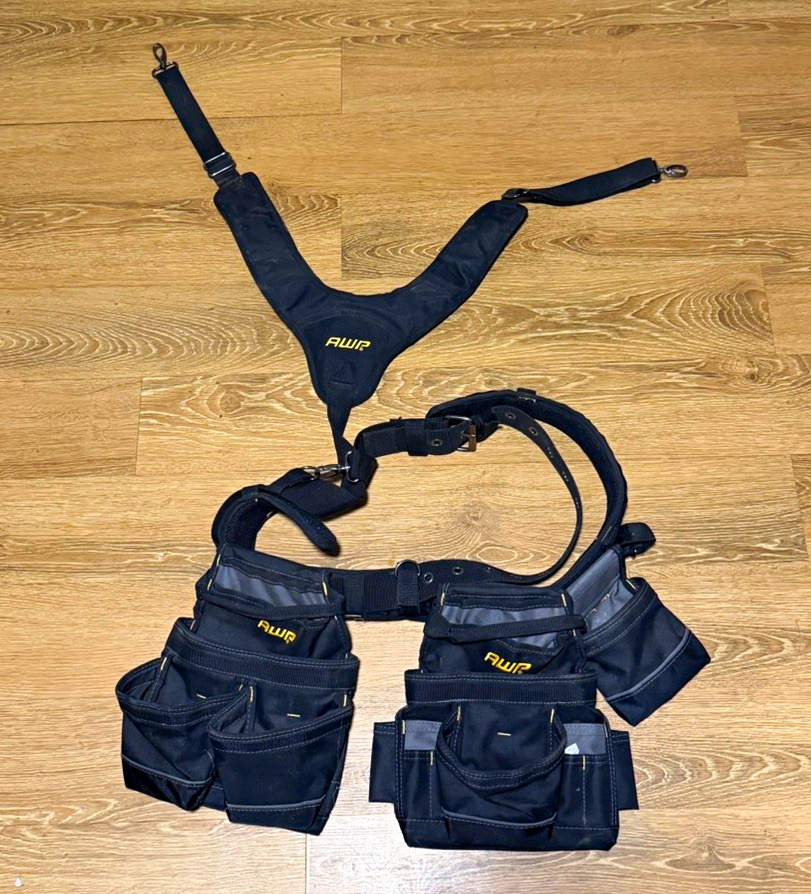 AWP Adjustable Tool Belt Rig w/ Dual Pouches & Strap Black/Gray
