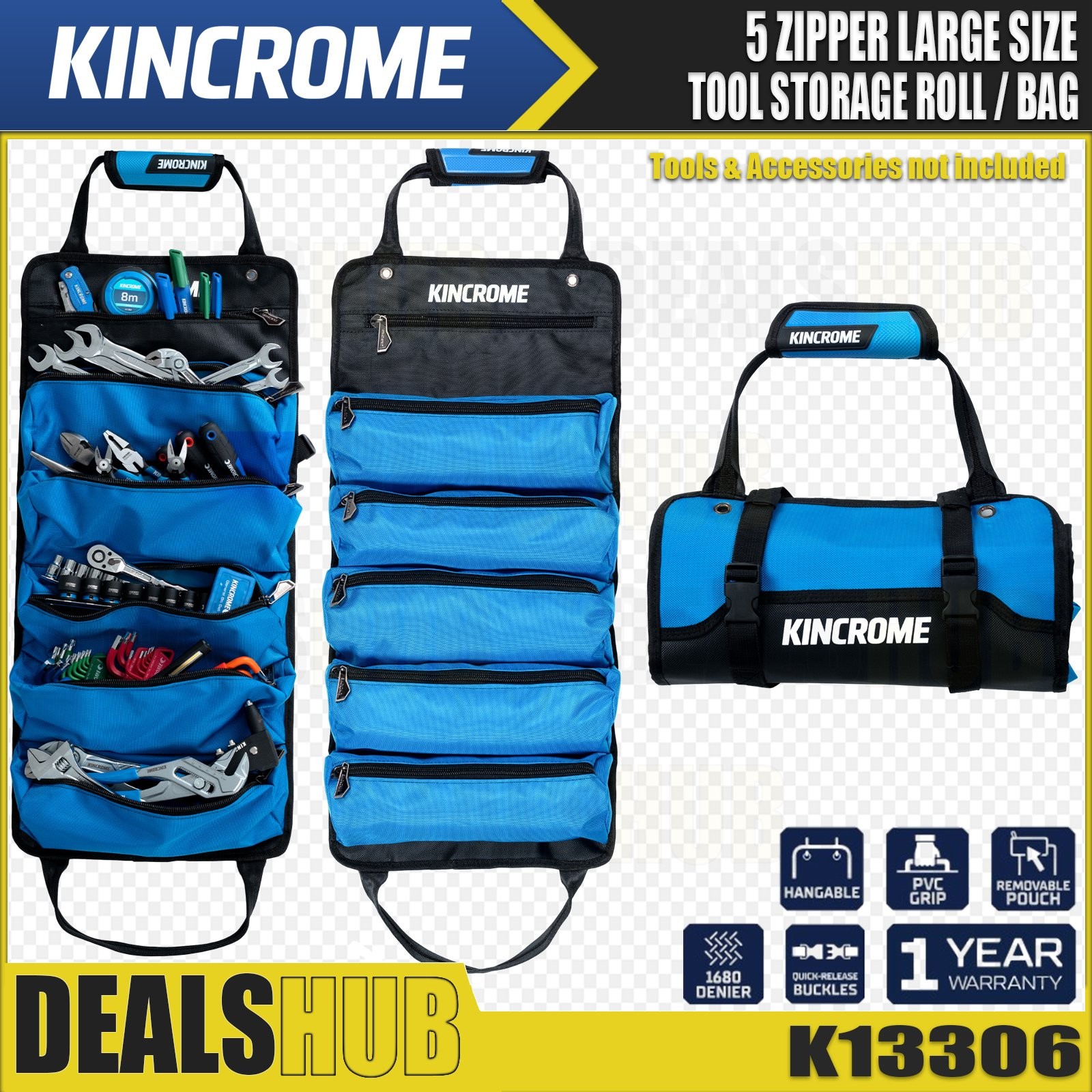 Kincrome Large Tool Roll 5 Zipper Pouches Heavy-duty Durable Polyester K13305