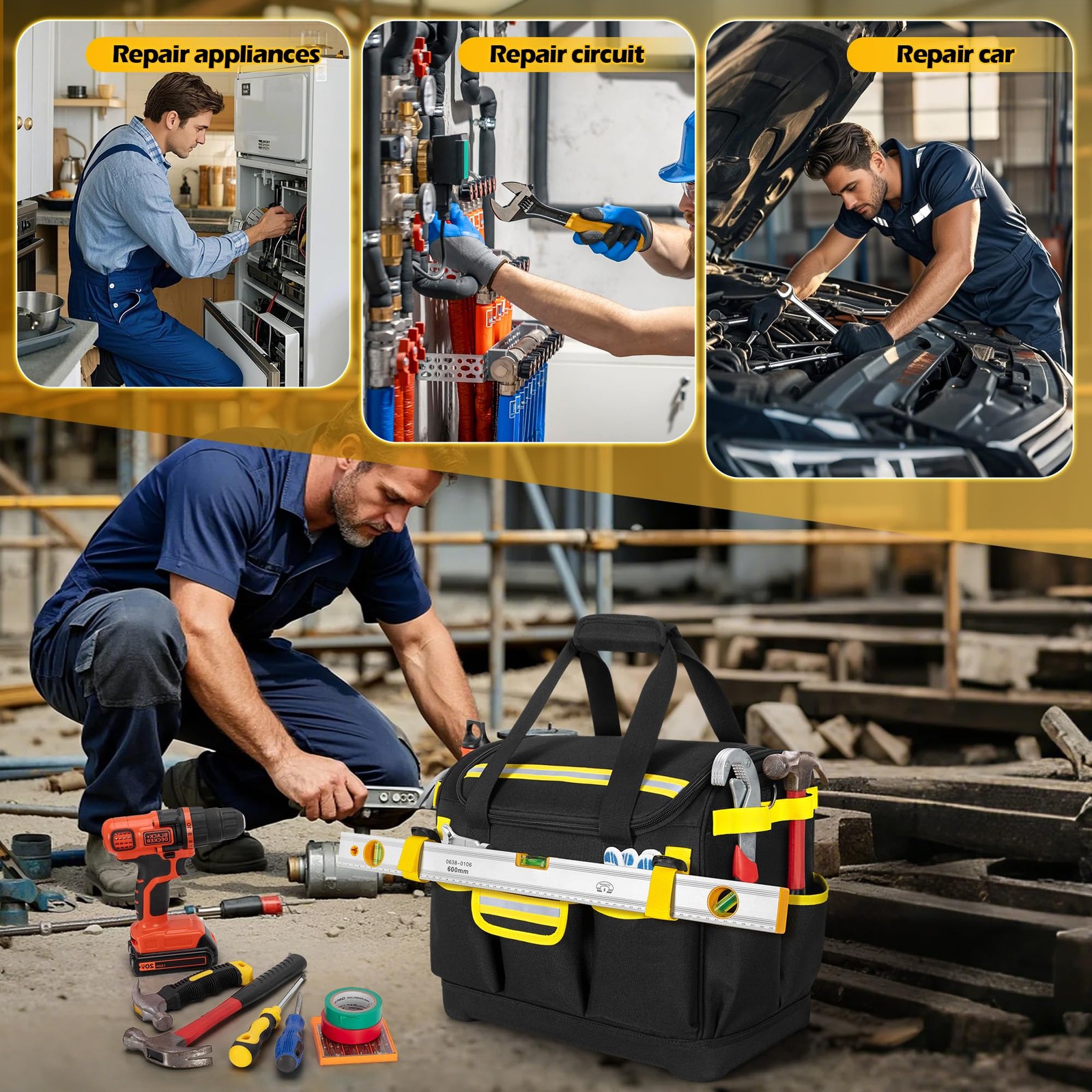 15-Inch Tool Bag with Hard Bottom, Electrician Tool Box Organizer