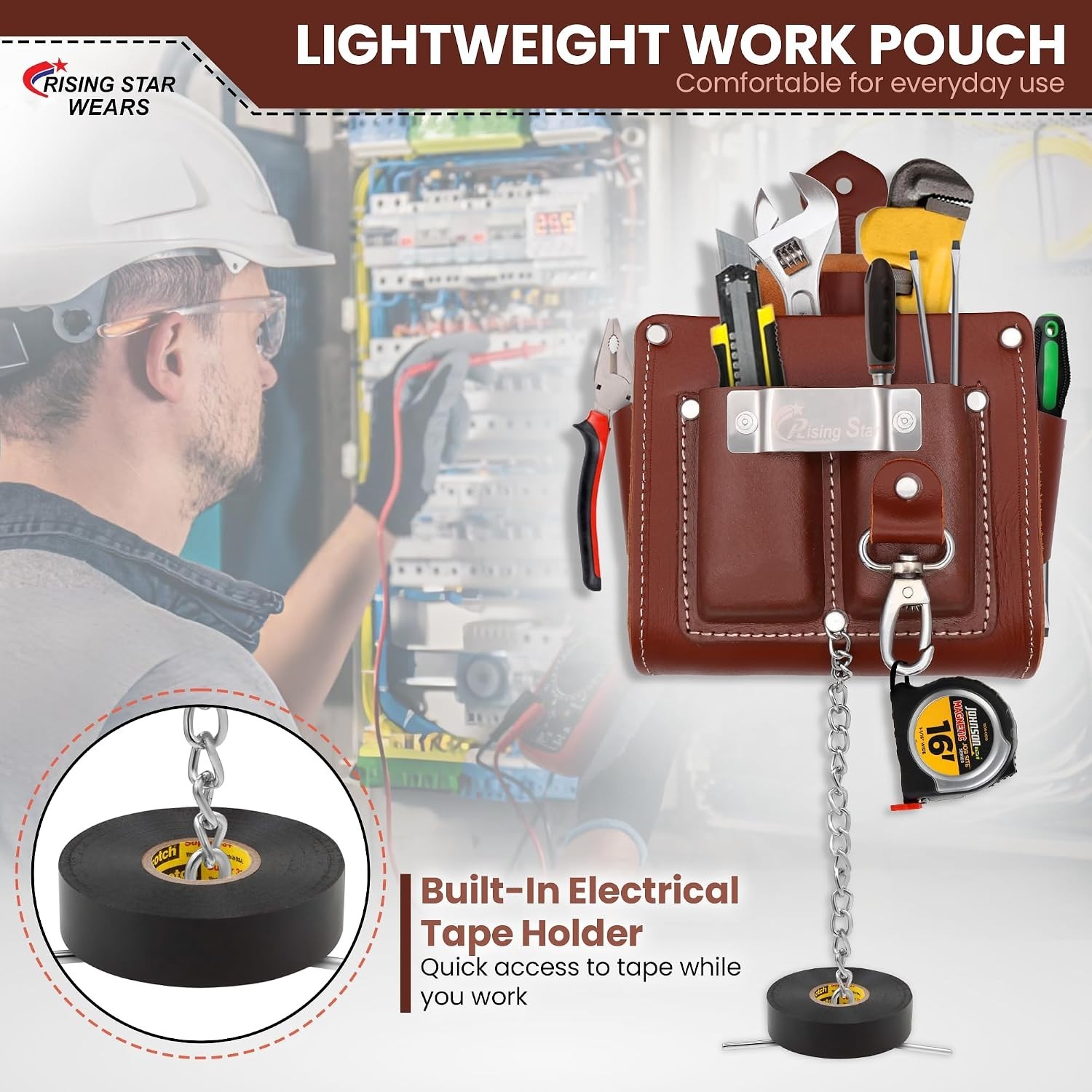 Rising Star 100% Genuine Brown Leather Electrician Tool Pouch – 6 Pocket Heav…