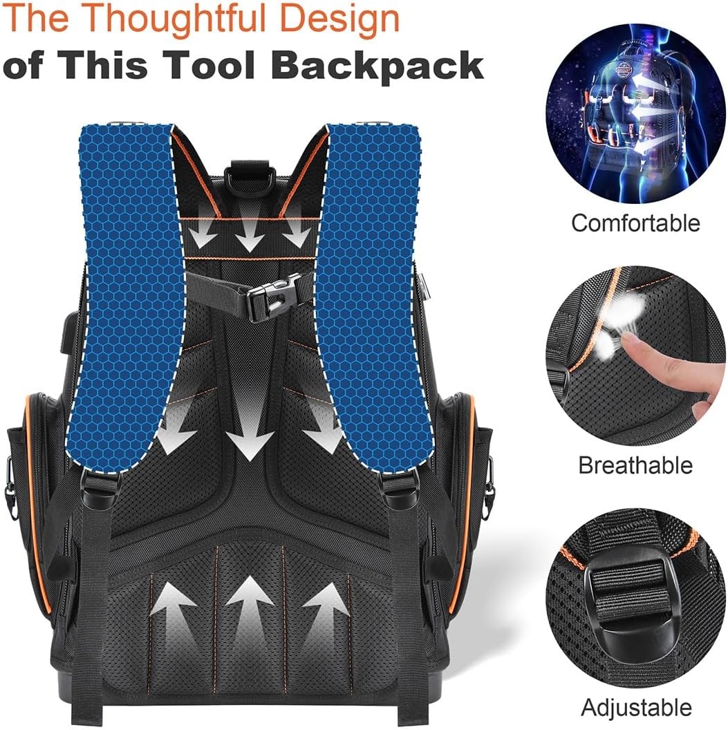 LOKASS Tool Backpack Heavy Duty with Molded Bottom, 1680D 56-Pocket Tool Bag