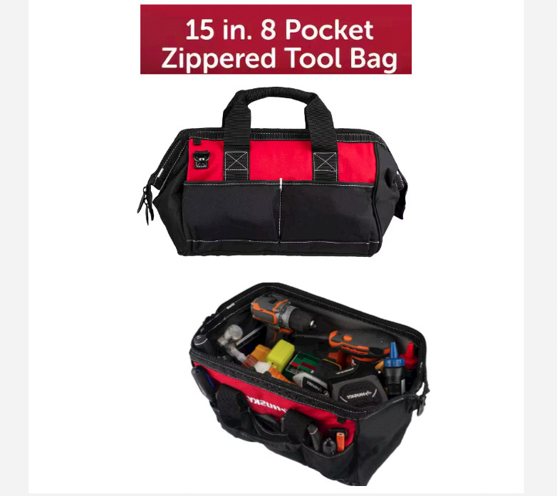 Tool Bag Wide Mouth with Shoulder Strap 8 Pocket – 15 in. W x 8 in. D x 10 in. H