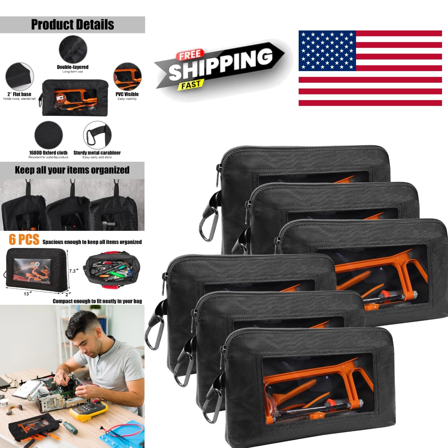 Multipurpose Tool Storage Pouches Set of 6 with Clear Windows for Easy Access