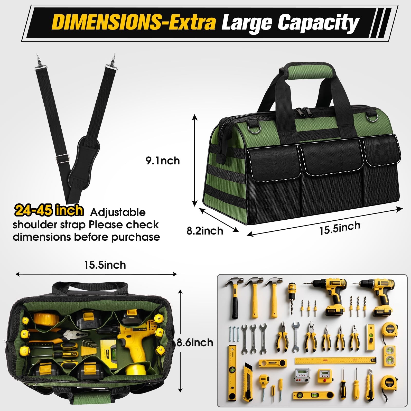 16″ Heavy Duty Tool Bag – 19 Pocket Organizer, Portable Toolbox with Soft Handle