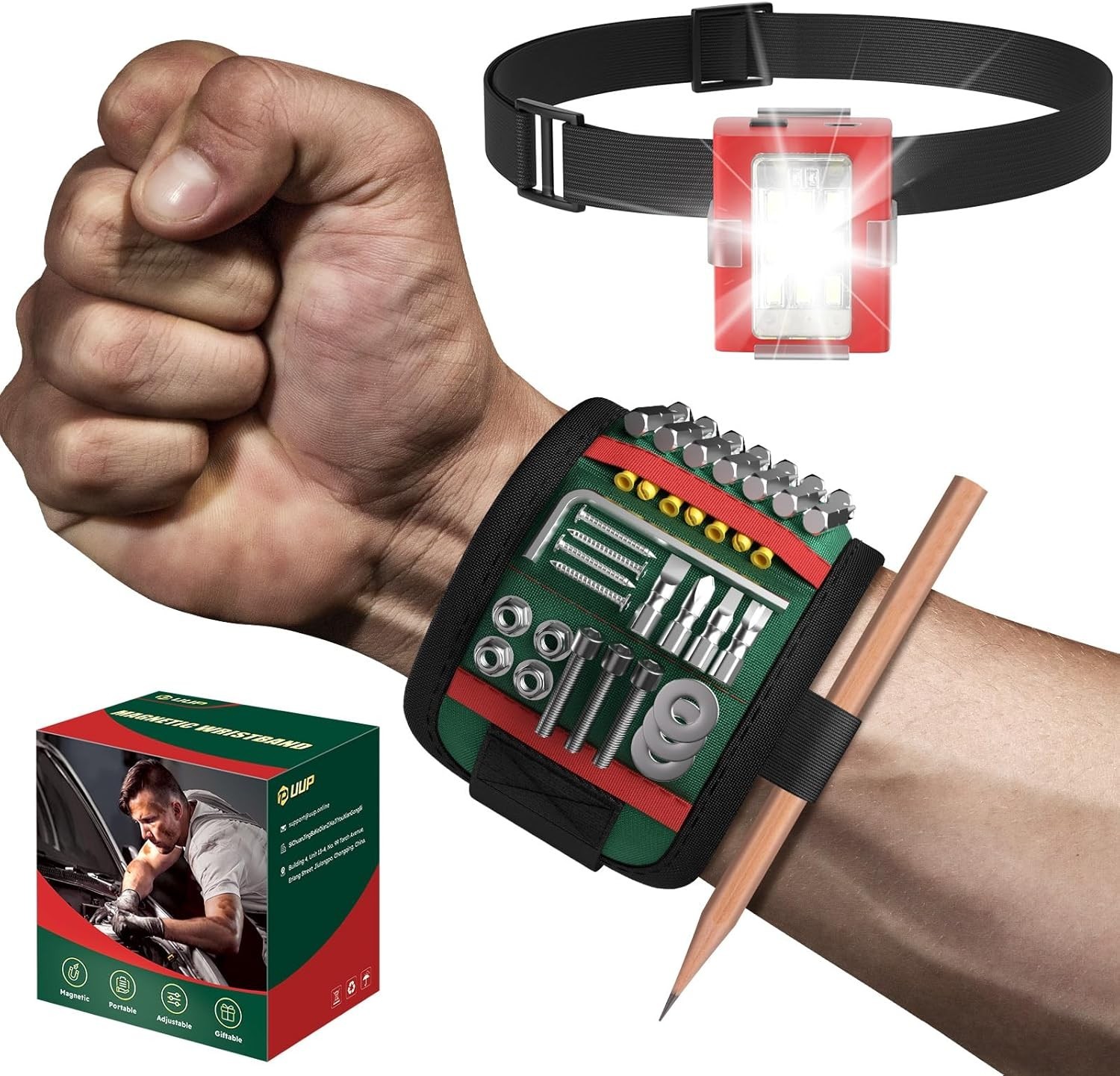 Magnetic Wrist Band with LED Light, Tool Belt Wrist Strap for Nail Screws Nails