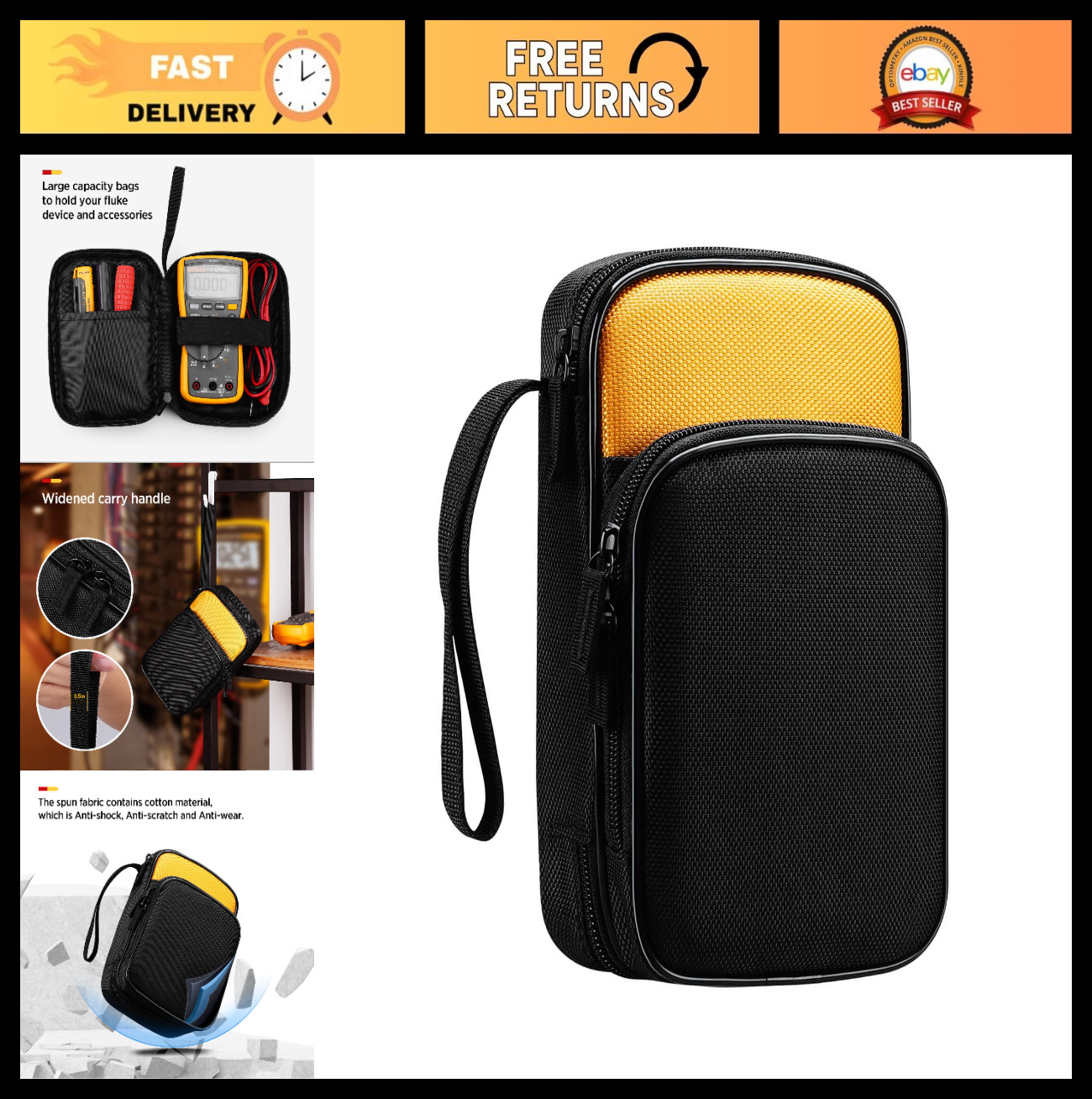Zippered Soft Tool Carrying Case for Digital Multimeters, Shock-Proof, Double-La