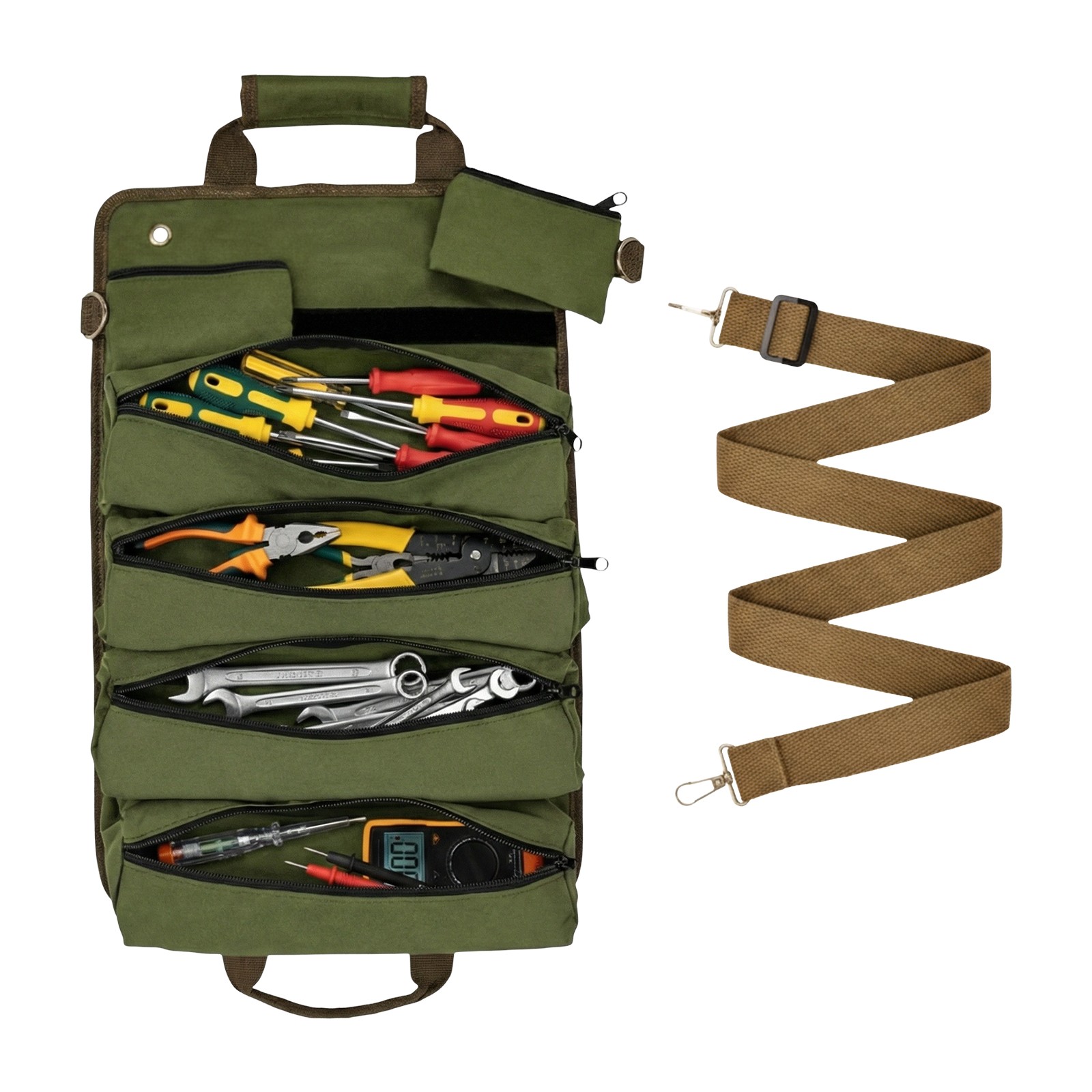 Heavy Duty Foldable Roll Up Tool Bag with 4 Compartments & 2 Detachable Pouches