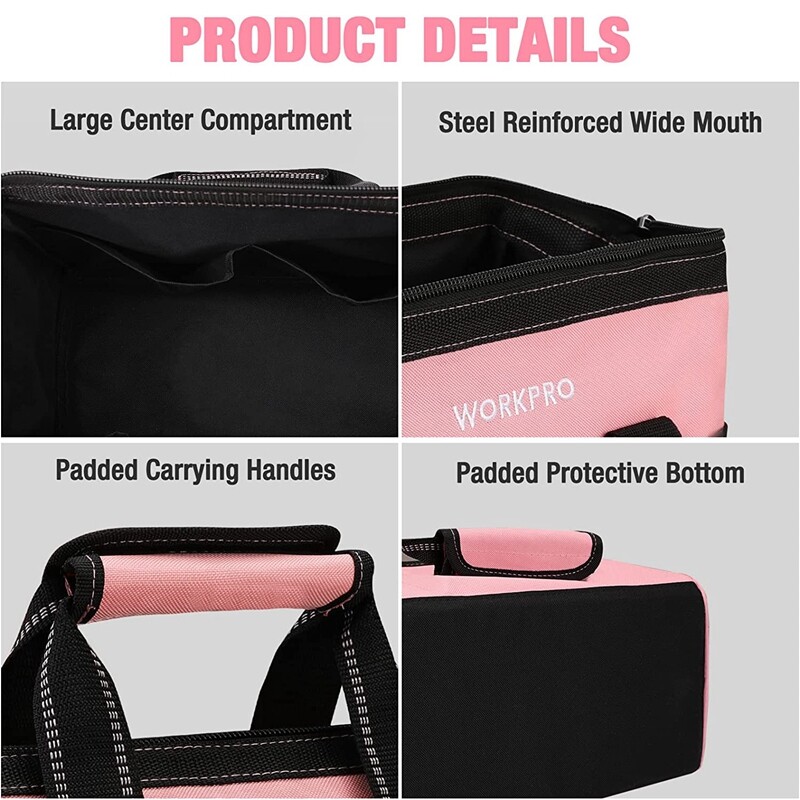WORKPRO 13-Inch Tool Bag Tool Storage Bag Wide Mouth Tool Tote Bag Blue/Pink NEW