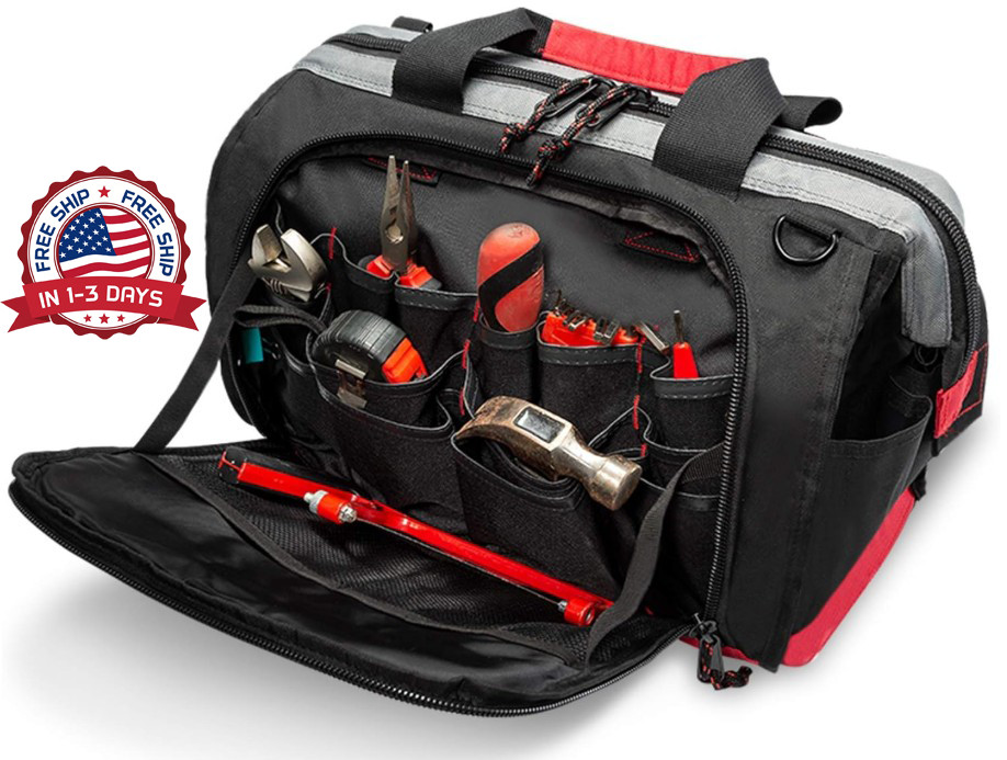 16″ Waterproof Tool Bag 25 Pockets Wide Mouth Storage Organizer Shoulder Strap