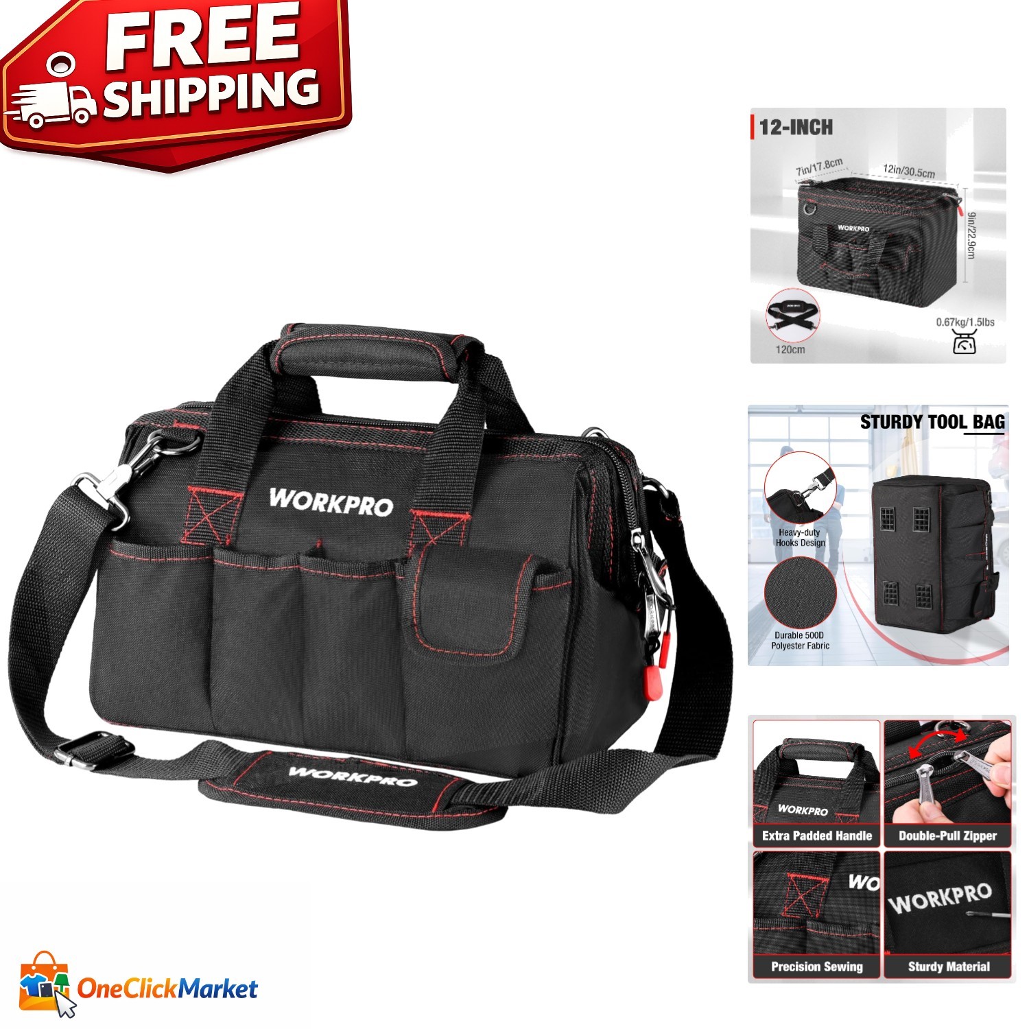 12-Inch Tool Storage Bag with 7 Pockets and Padded Strap for Comfort