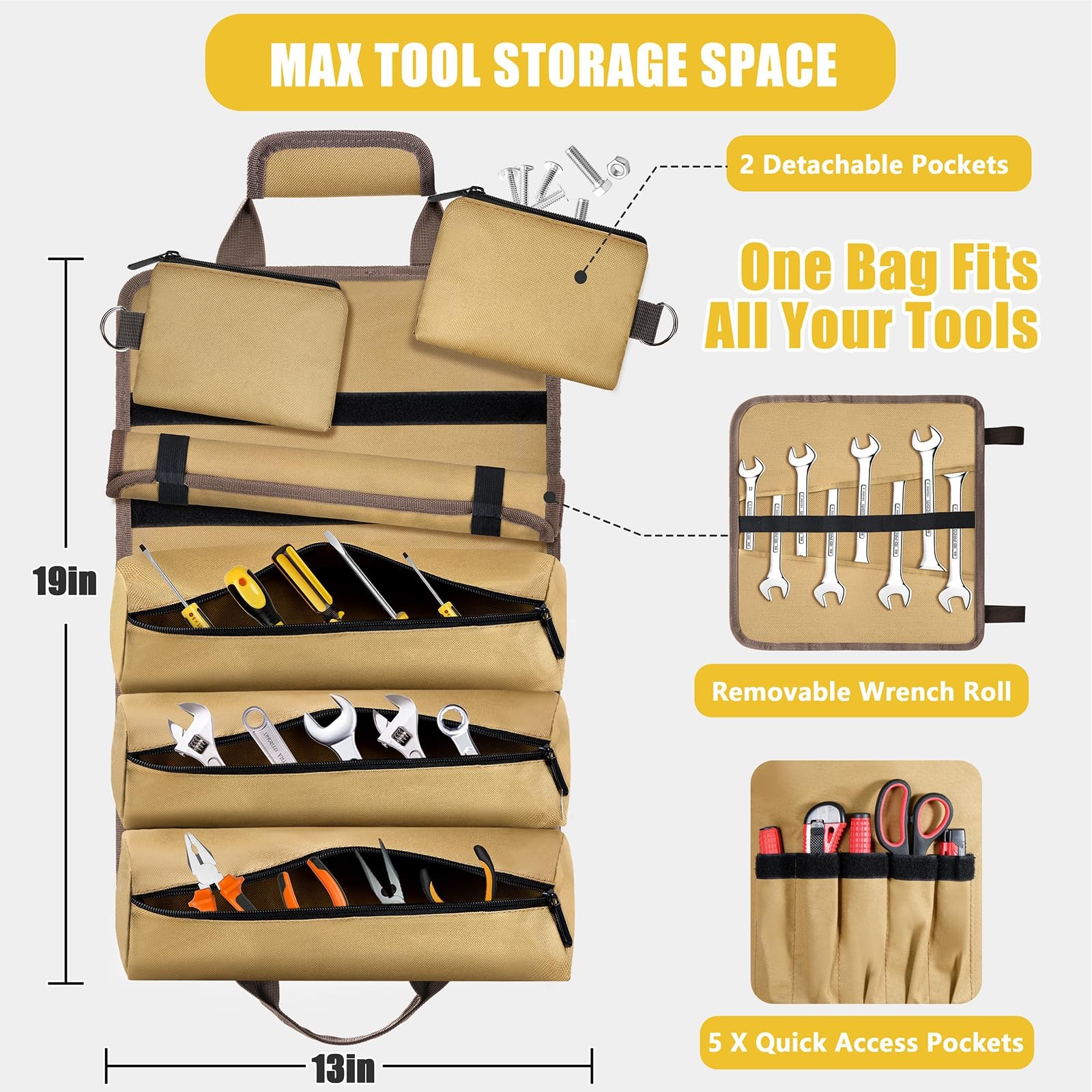 Roll Up Tool Bag Gifts For Men Heavy Duty Organizer 2 Detachable Pouches Khaki