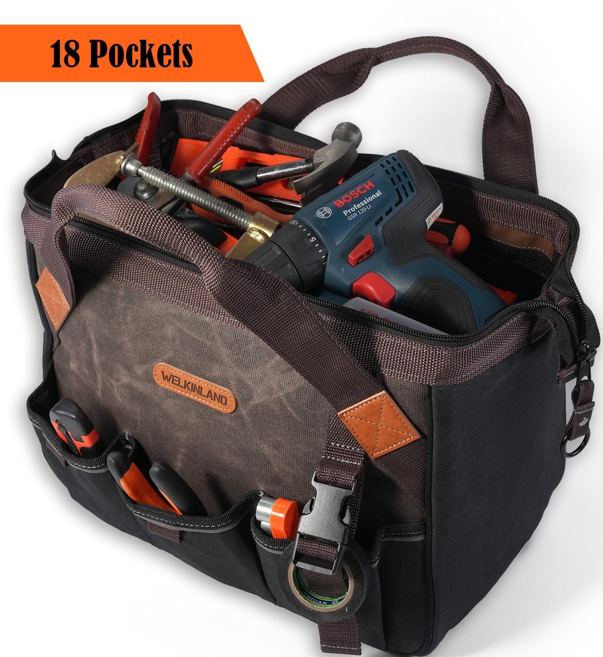 WELKINLAND 18 Pockets Electrician Tools Bag,14″ Heavy Duty Plumber Tool Bags,…