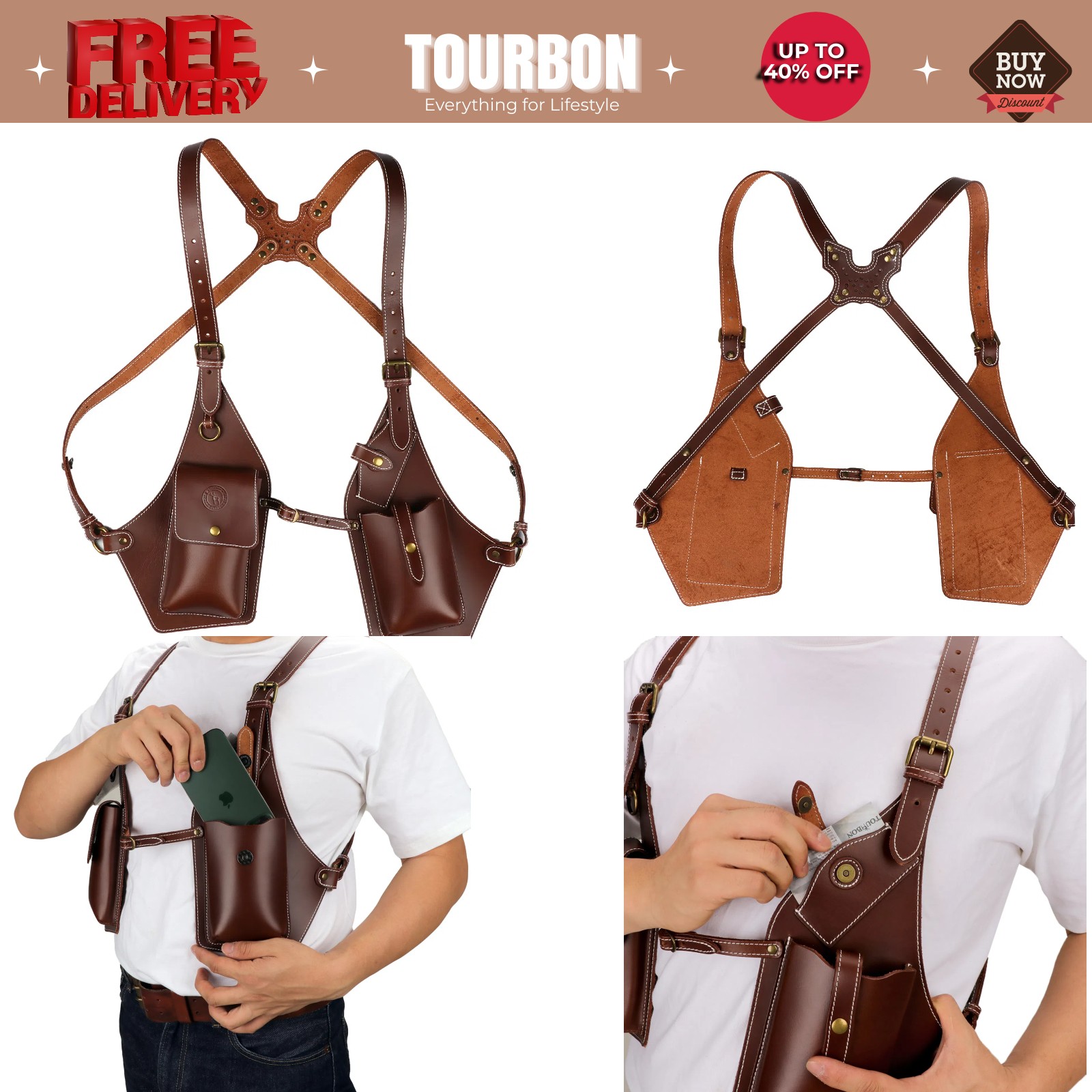 Tourbon Leather Men Harness Tool Holster Underarm Chest Bag Phone Handgun Case