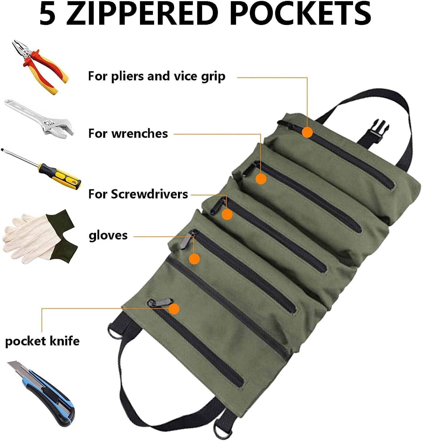 Multi-Purpose Tool Roll Up Bag Wrench Pouch Canvas Hanging Organizer w/ 5 Pocket