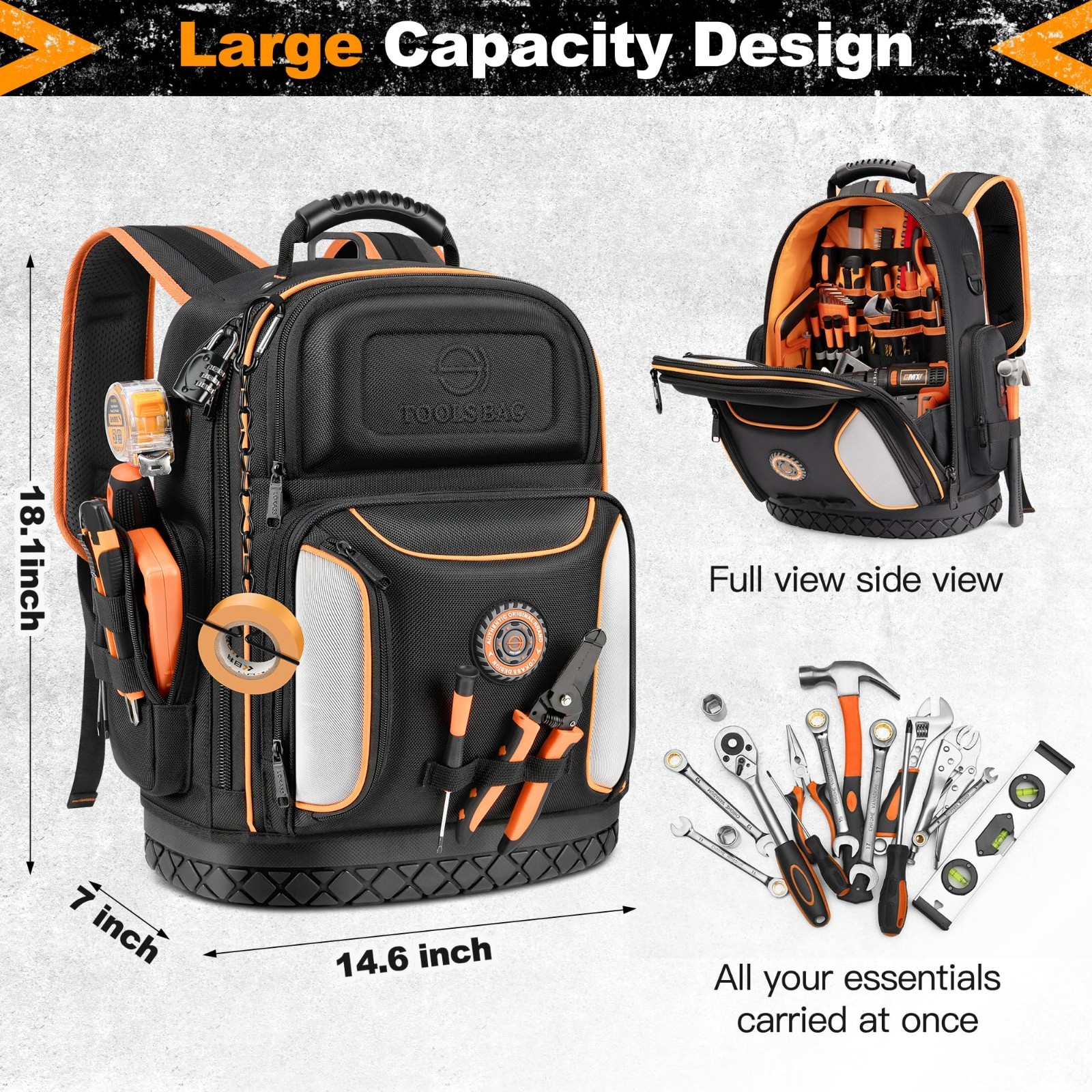 Heavy-Duty 18.1″ Tool Backpack, 75 Pockets, Molded Base, Lockable for Electricia