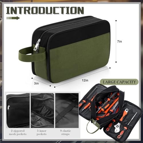 Green Heavy Duty Tool Pouch with Handle – 12″ Zipper Bag with 3 Compartments