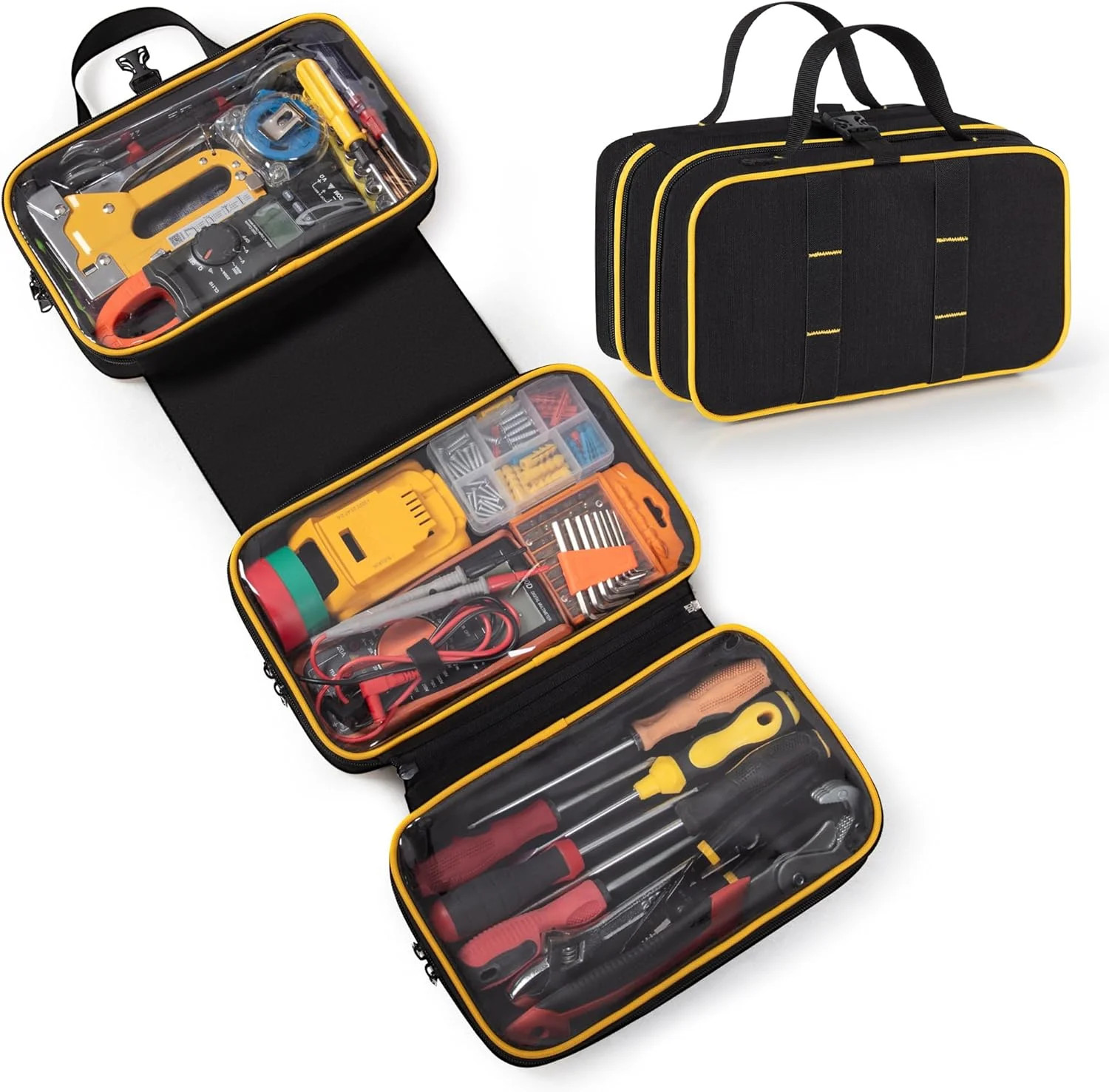 Roll Up Tool Bag with 3 Clear Window Cases (One Detachable), Tri-fold Tool Bag..