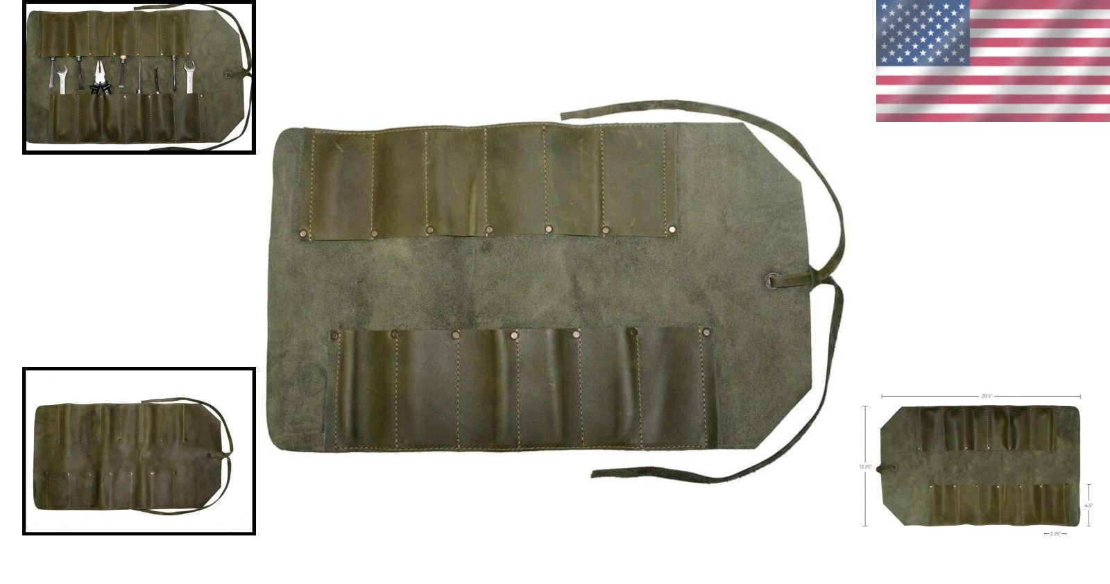 Durable Dark Jade Leather Tool Roll with 12 Slots for Craftsmen & Travelers