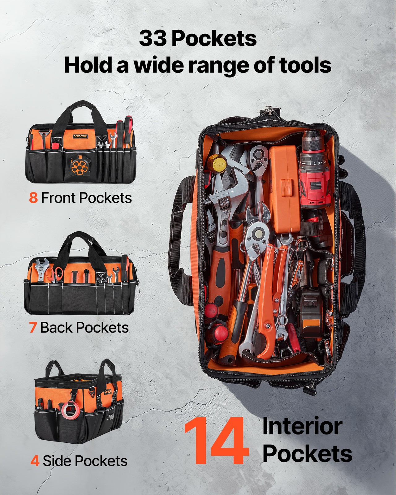 VEVOR Tool Bag 15.7 Inch 33-Pocket Portable Tool Box Organizer Storage Toolbox