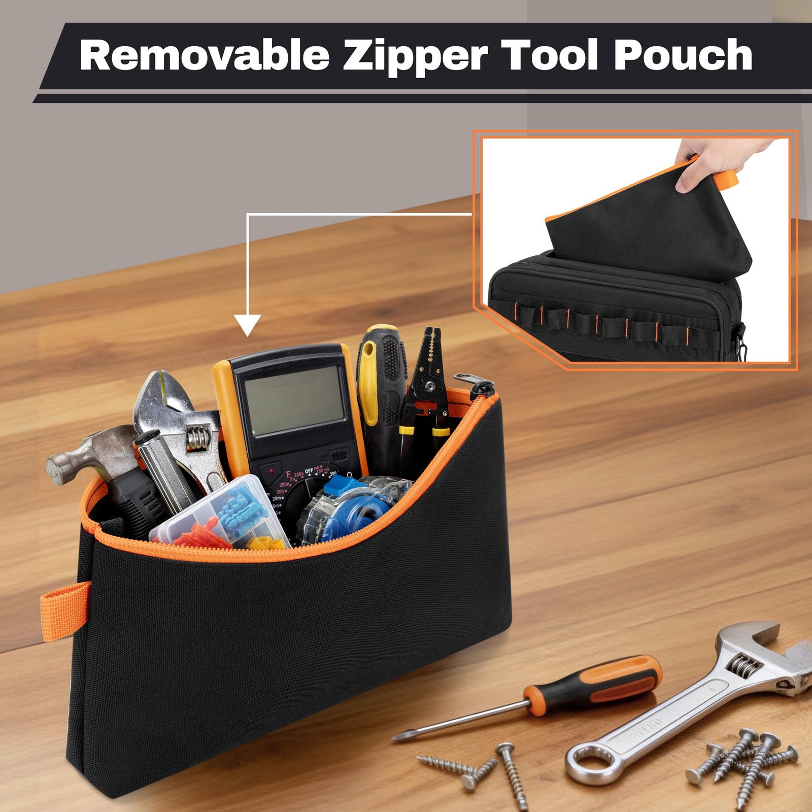 Rexmica Small Tool Bag with 1 Pouch, 11.8 x 3.9 x 7 inches, Black