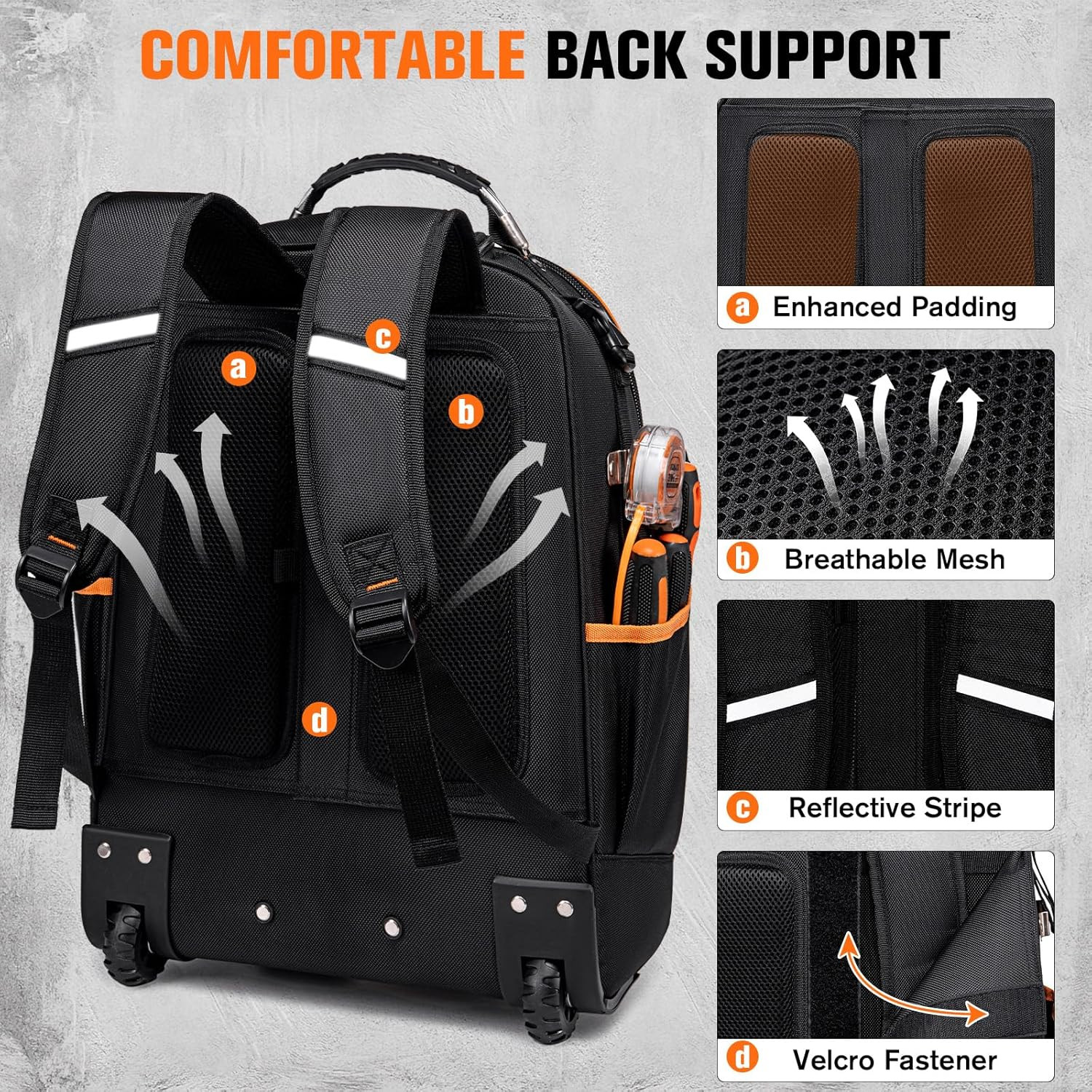 Durable 2-in-1 Rolling Tool Backpack with 47 Pockets & Smooth Wheels