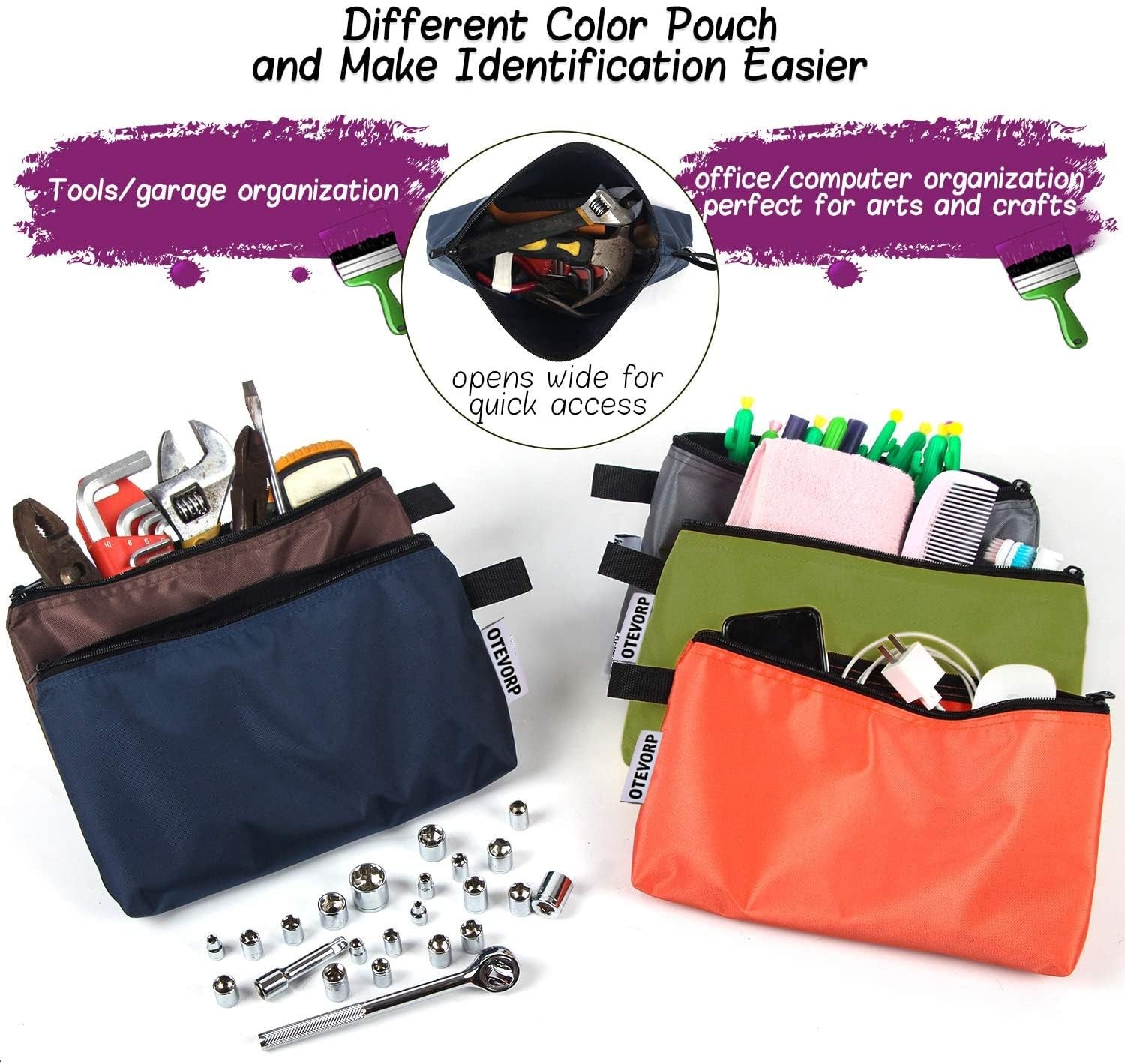 Premium Flat Bottom Utility Zipper Small Tool Bag 12.5x7x2 Inch 5 PCS