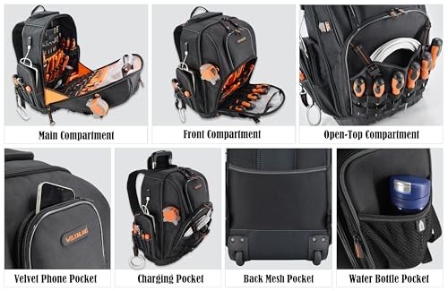 72-Pocket Rolling Tool Backpack – Large Wheeled Electrician Bag for Tools, Gear