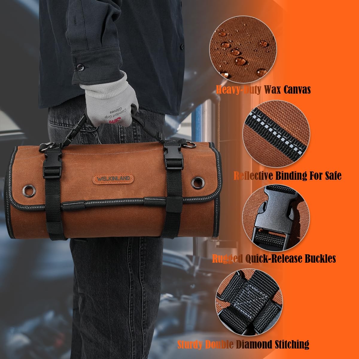 WELKINLAND 7-Pocket 15L Waxed Canvas Tool Bag Roll