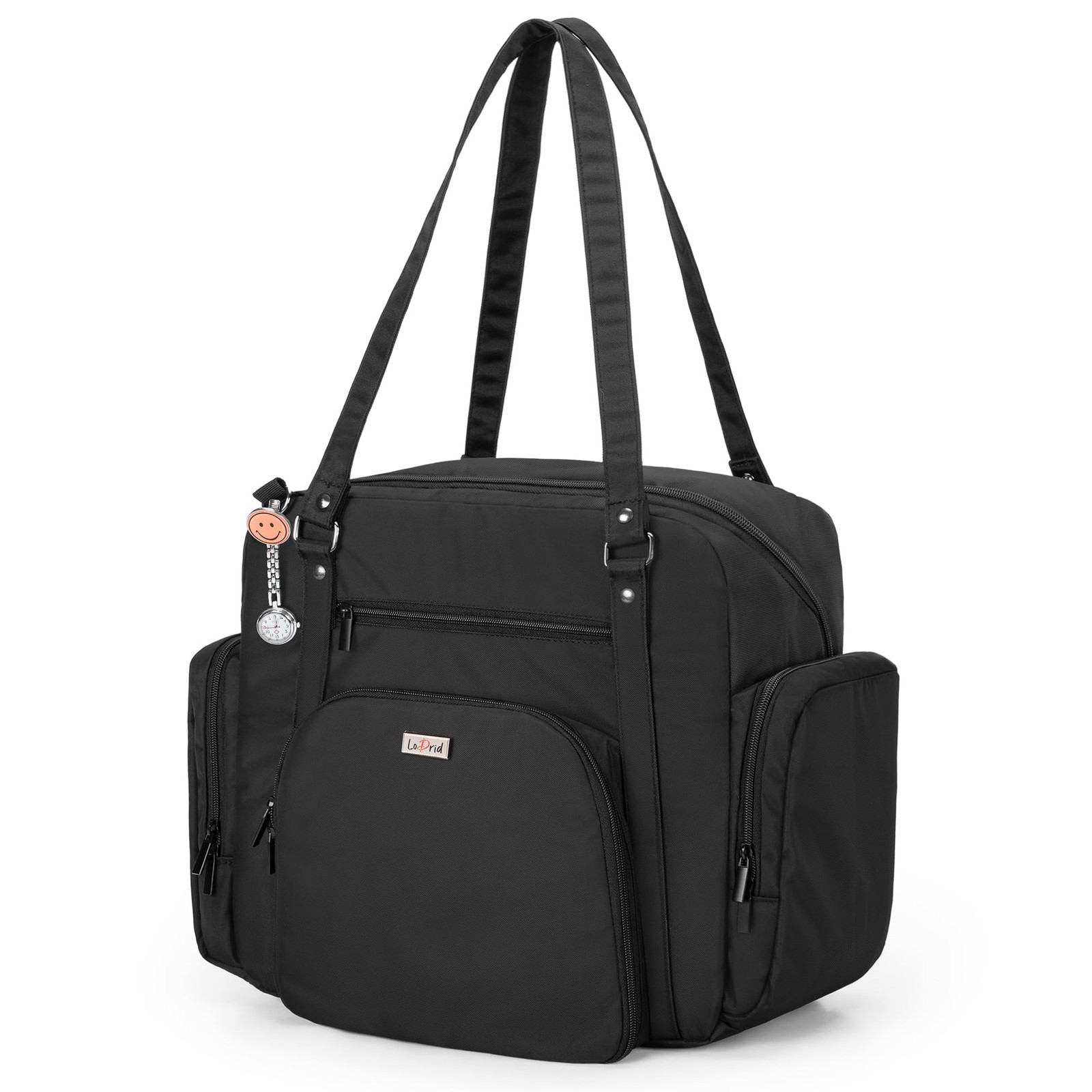 Nurse Tote Bag with Padded Bottom, Zip-Top Closure, Multiple Pockets, Black