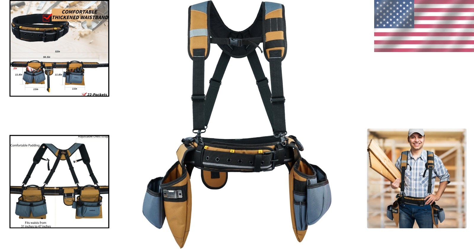 Durable Adjustable Carpenter Tool Rig – Khaki Belt with 6 Pockets (Up to 50 in)