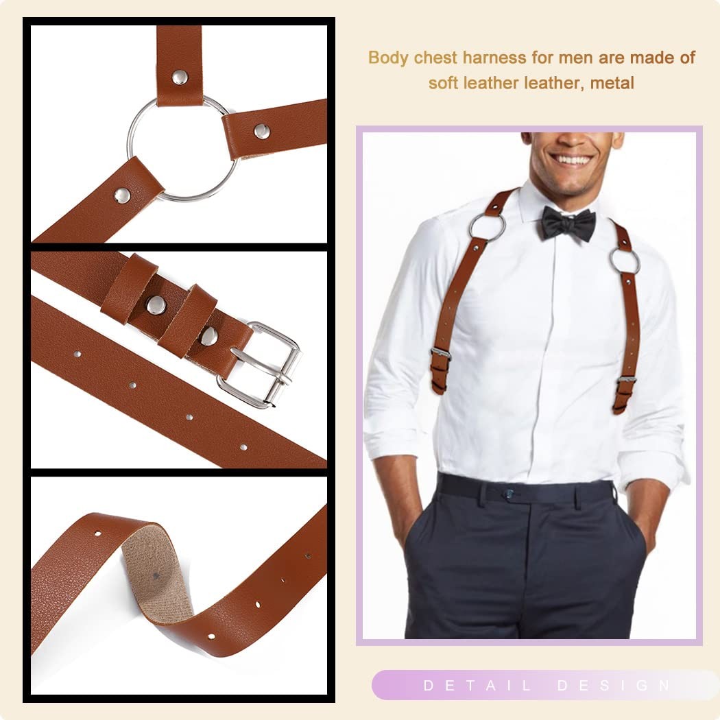 BODIY Men Leather Suspenders Belt Y-Back Shoulder Strap free size, Brown
