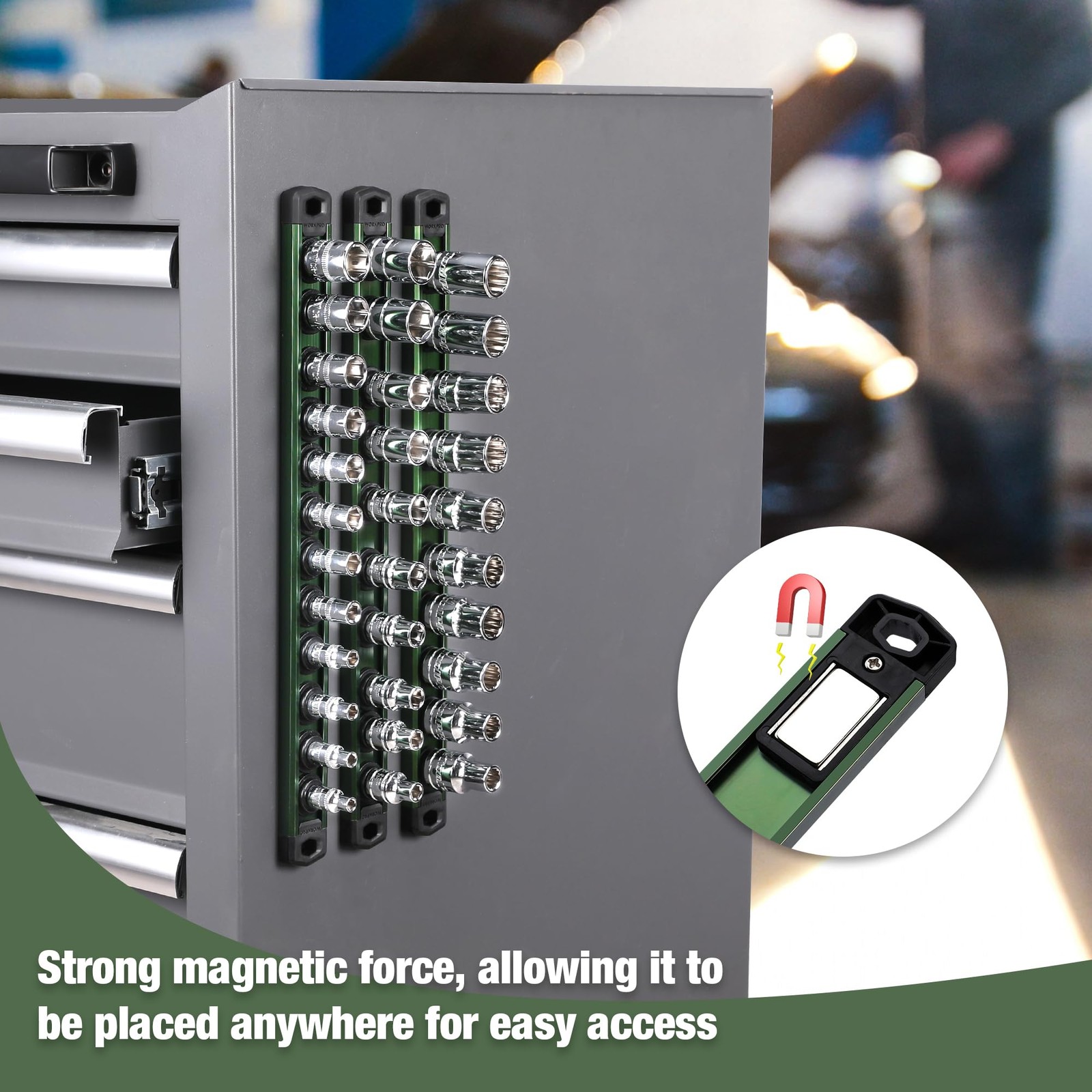 WORKPRO Magnetic Socket Organizer, 1/4-Inch Drive Aluminum 1/4″ DR, Green
