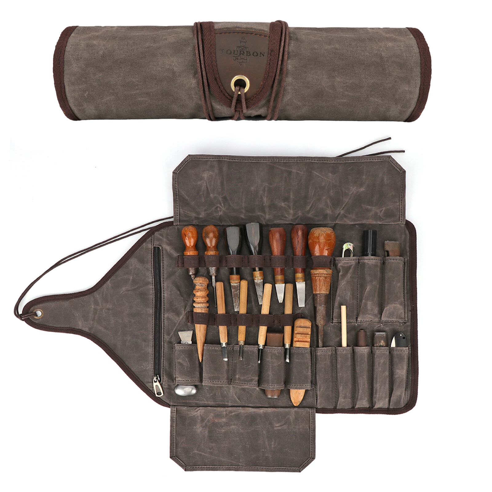TOURBON Waxed Canvas Tool Roll Spanner Wrench Storage Pouch Chisel Gloves Pocket
