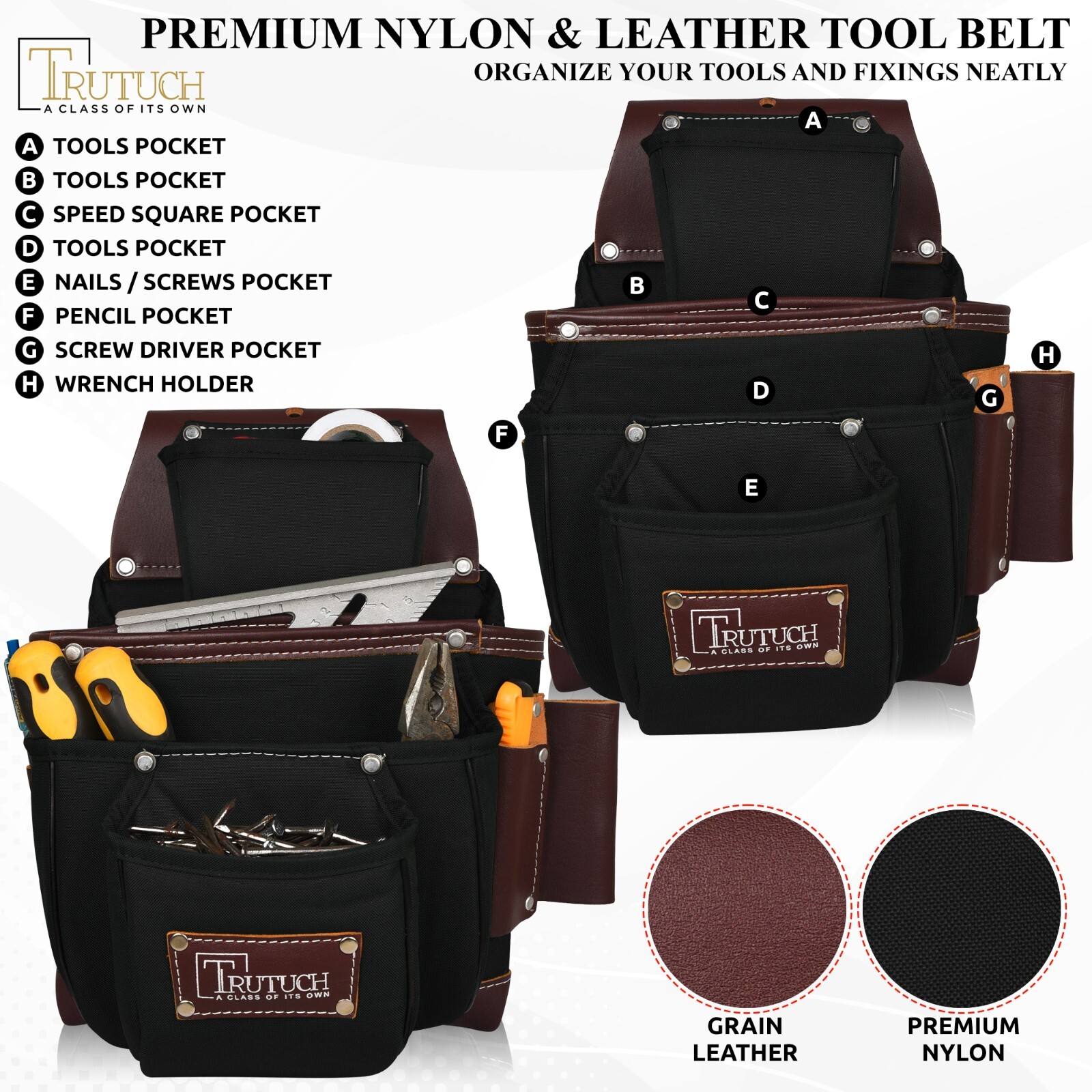 TRUTUCH Nylon and Leather Tool Belt with Leather Work Suspender | Electrician