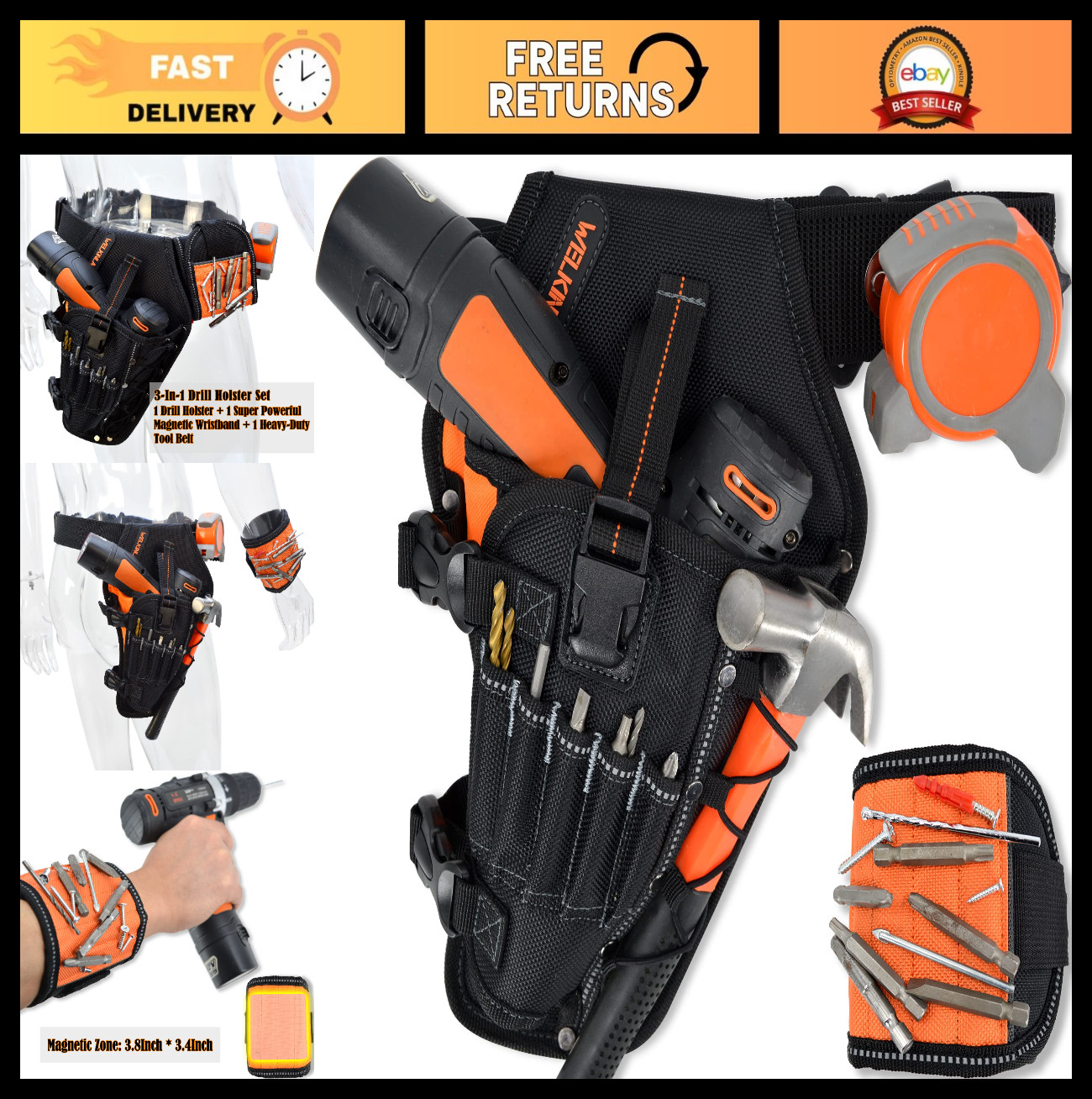 3-in-1 Magnetic Drill Holster Set with Tool Belt & Wristband for Men – Impact Ho