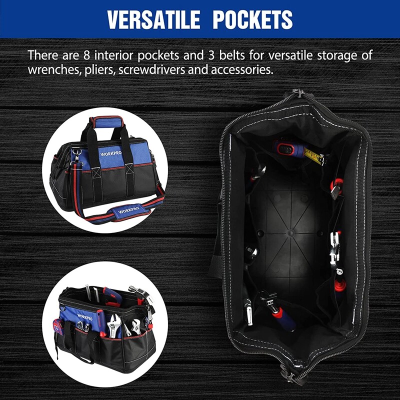 WORKPRO Wide Mouth Tool Bag Heavy Duty Tool Storage Bag w/Shoulder Strap 16-inch