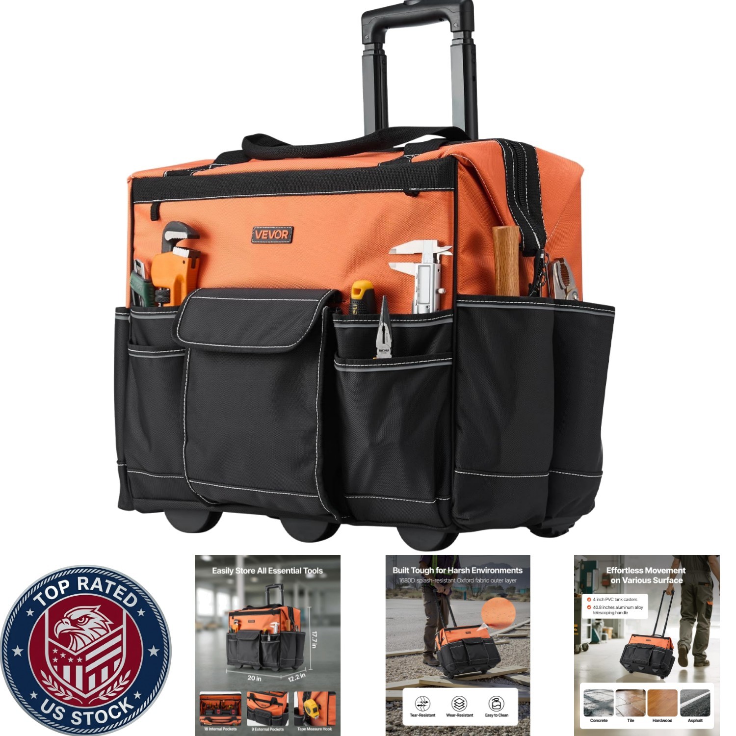 Heavy Duty 20″ Tool Bag on Wheels: 110 lbs Load, 27 Pocket Organizer