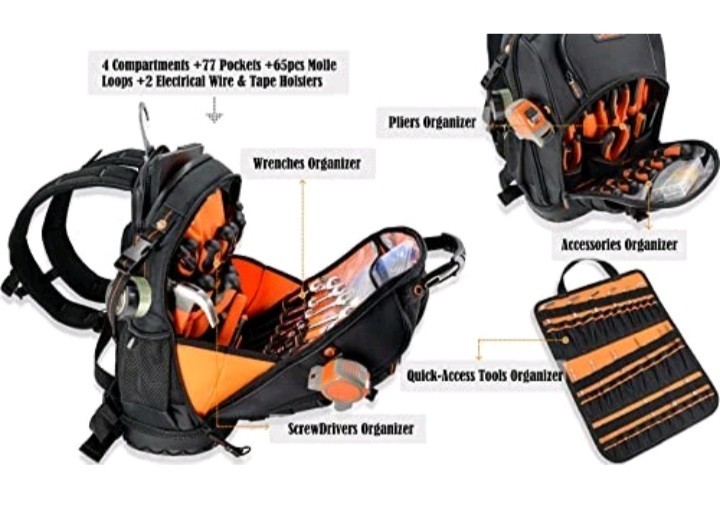 Welkinland 77-Pockets Electricians Backpack, Tool Backpack, HVAC Tool Bag