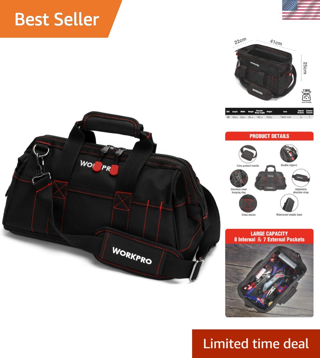 16-Inch Multi-Pocket Tool Organizer with Adjustable Shoulder Strap – Waterproof