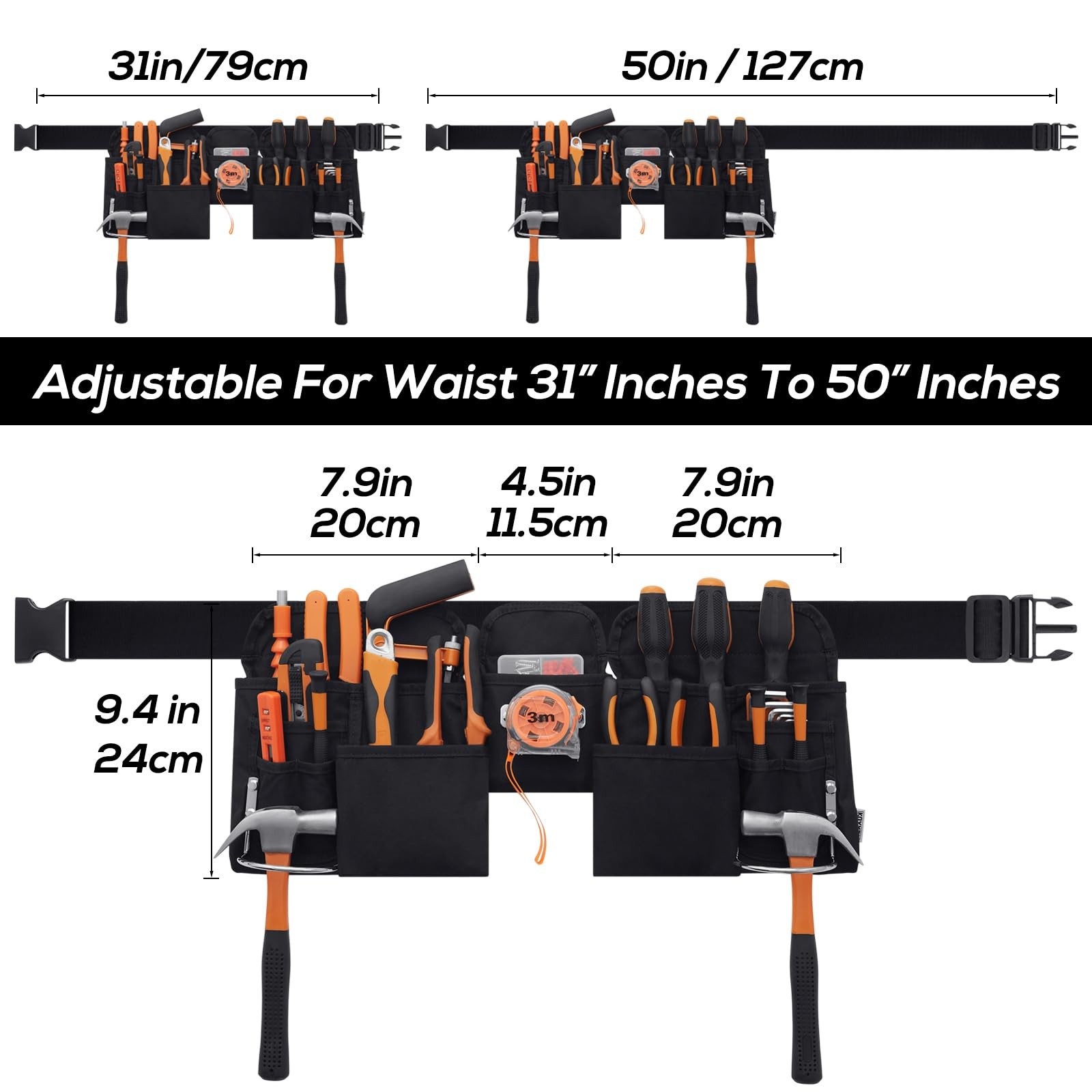 19 Pocket Tool Belt Quick Release Buckle Heavy Duty Adjustable Electrician Blk