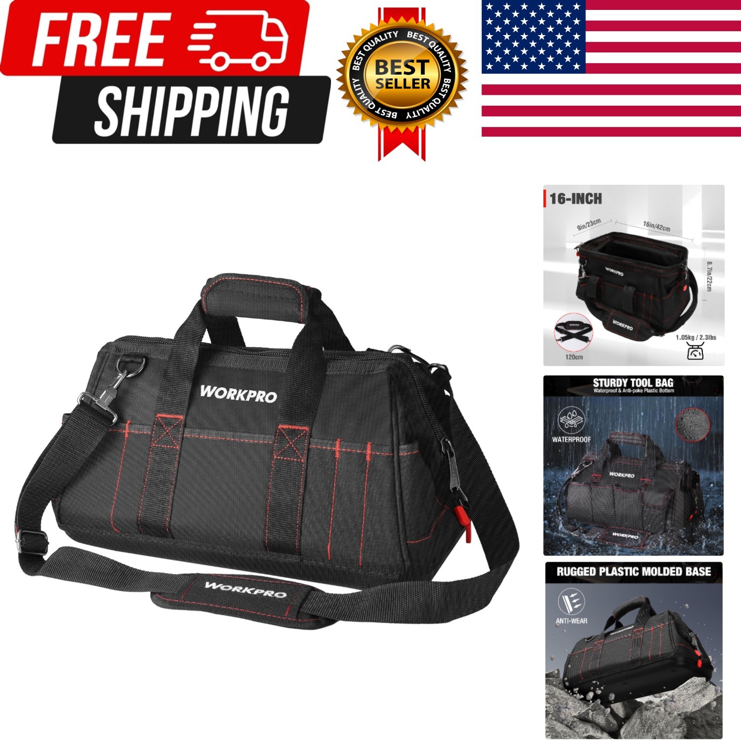 16-inch Close Top Wide Mouth Tool Storage Bag with Water Proof Rubber Base, W…