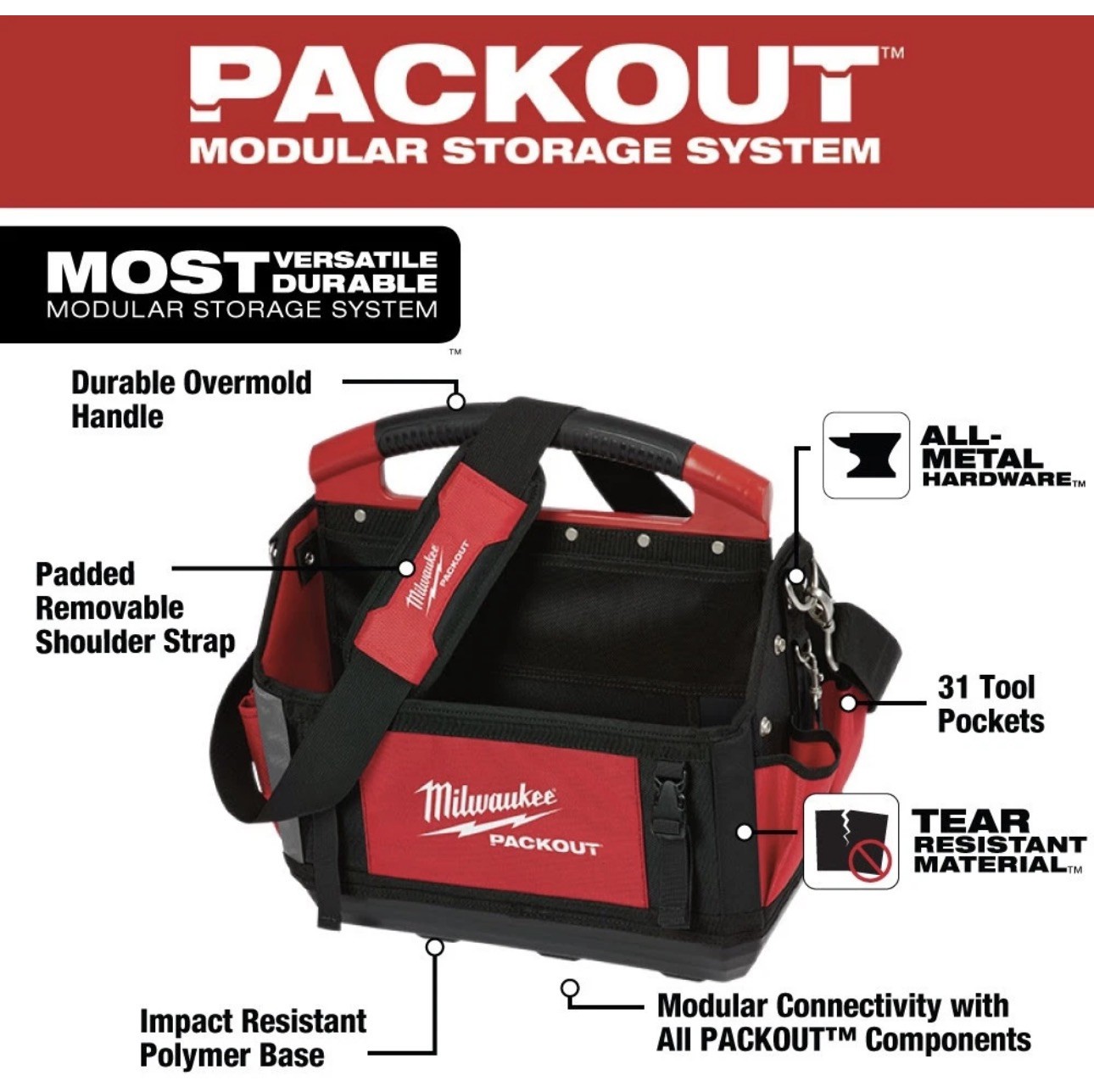 Milwaukee 48-22-8315 15″ PACKOUT Storage Tote, 32 Total Pockets Metal Tape Clip