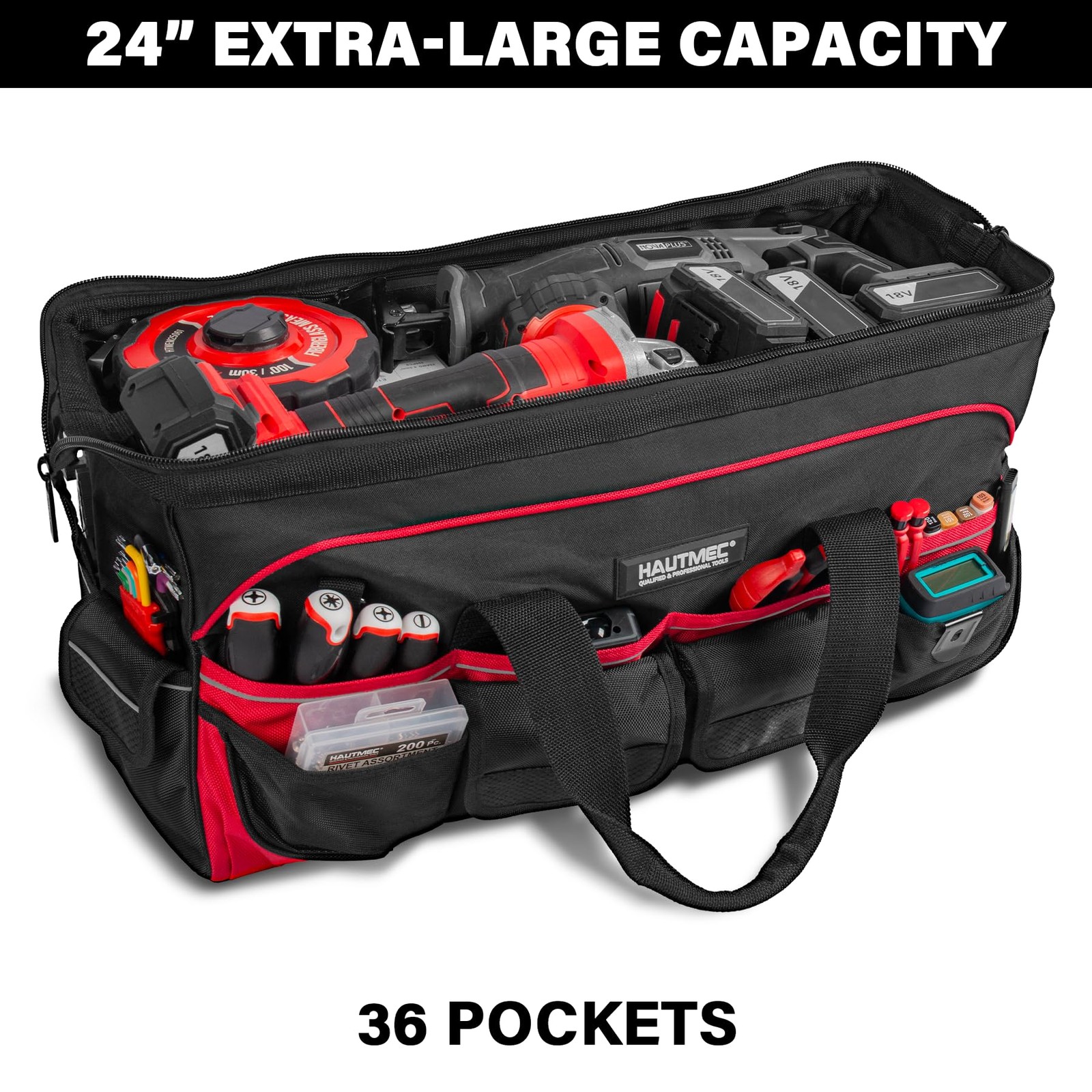 HAUTMEC 24″ Heavy-Duty Large Tool Bag, 1680D x 10″ x 12.4″, Black & Red