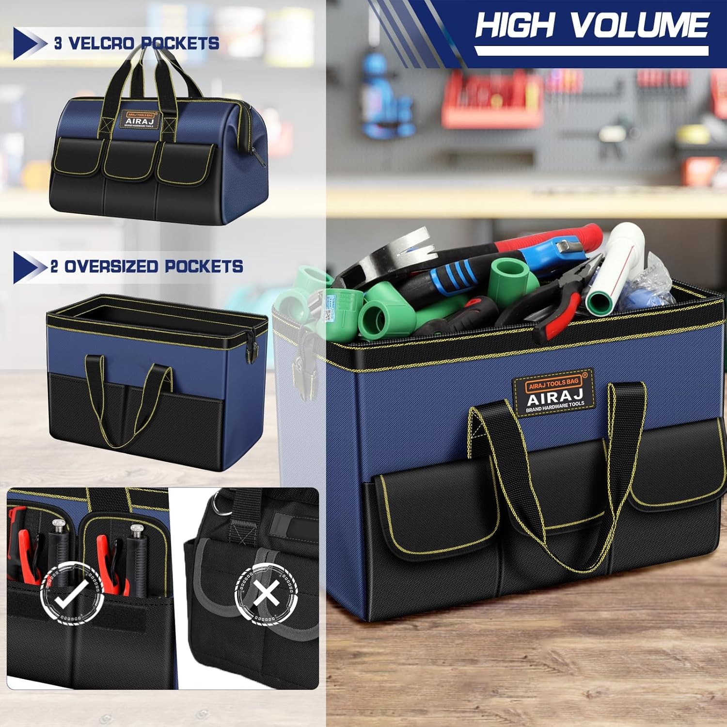 2-Pack Tool Bag Set 18″ & 16″ Wide Mouth Tote Portable Tool Organizer