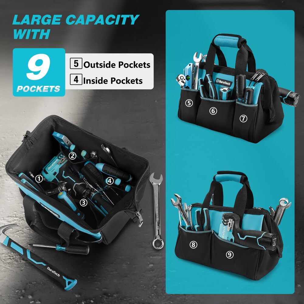 DURATECH 13″ Toolbag 9 Pockets Wide Thickened Fabric Open Mouth Storage Tool Bag